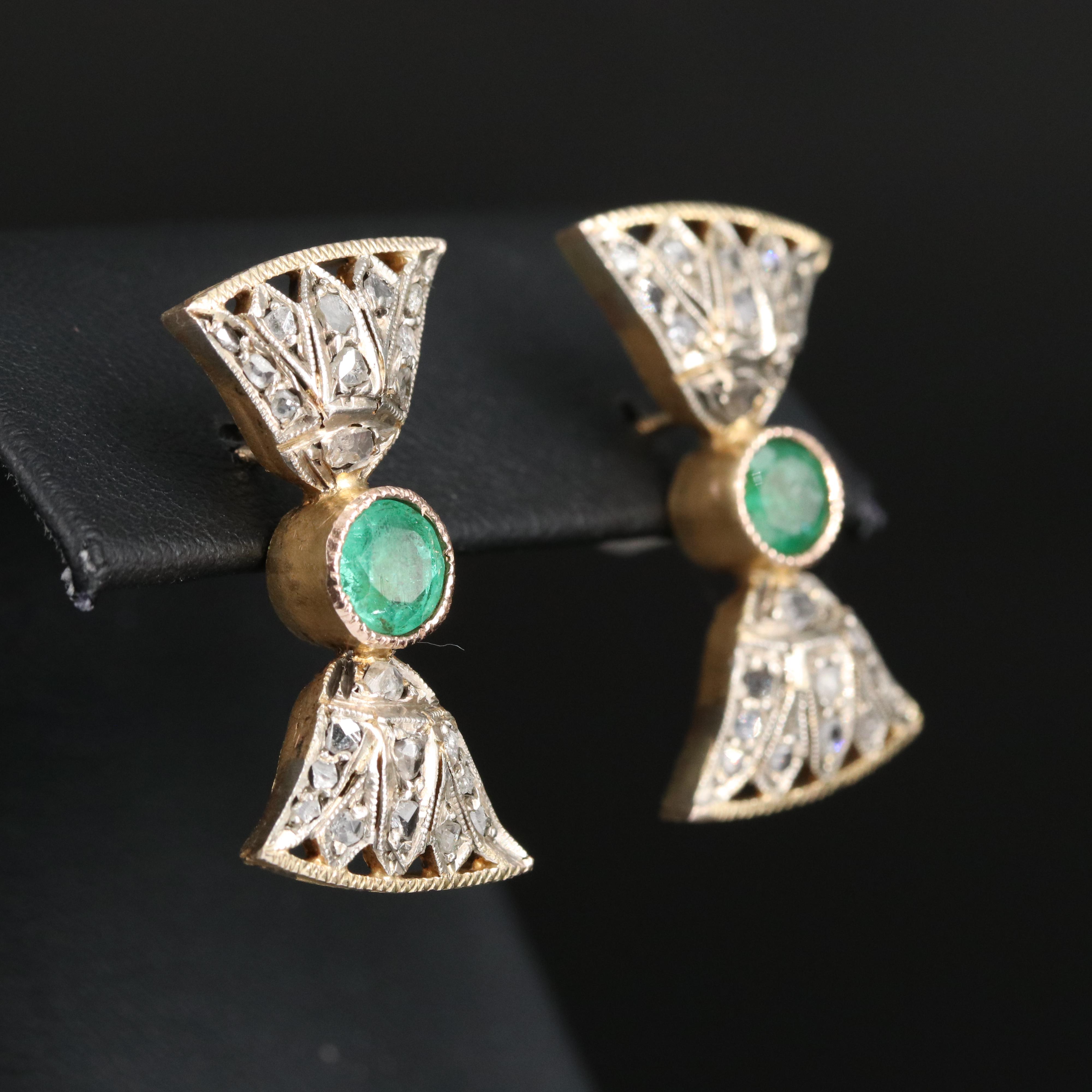 Egyptian Revival 10K and Sterling Emerald and Diamond Papyrus Motif Earrings