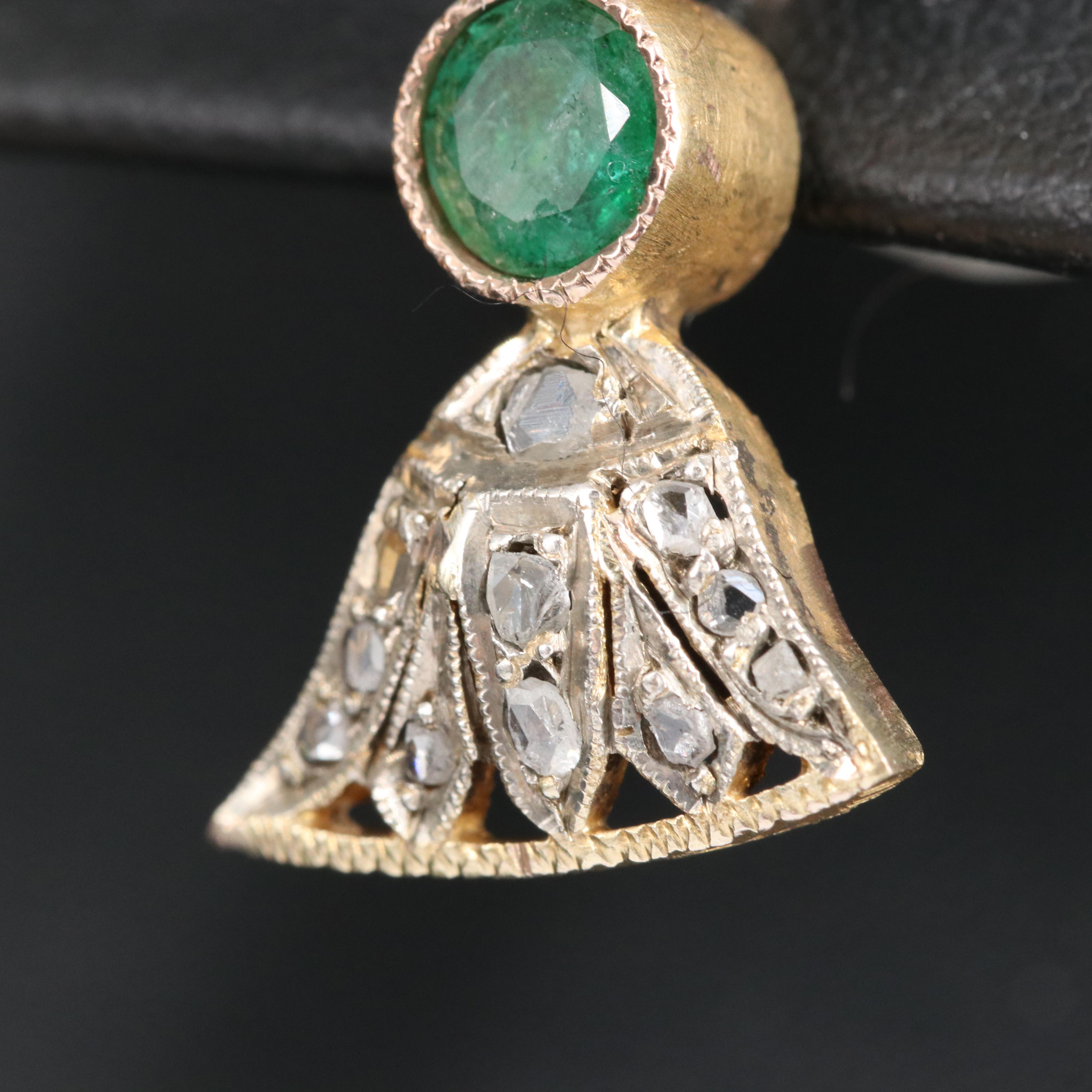 Egyptian Revival 10K and Sterling Emerald and Diamond Papyrus Motif Earrings