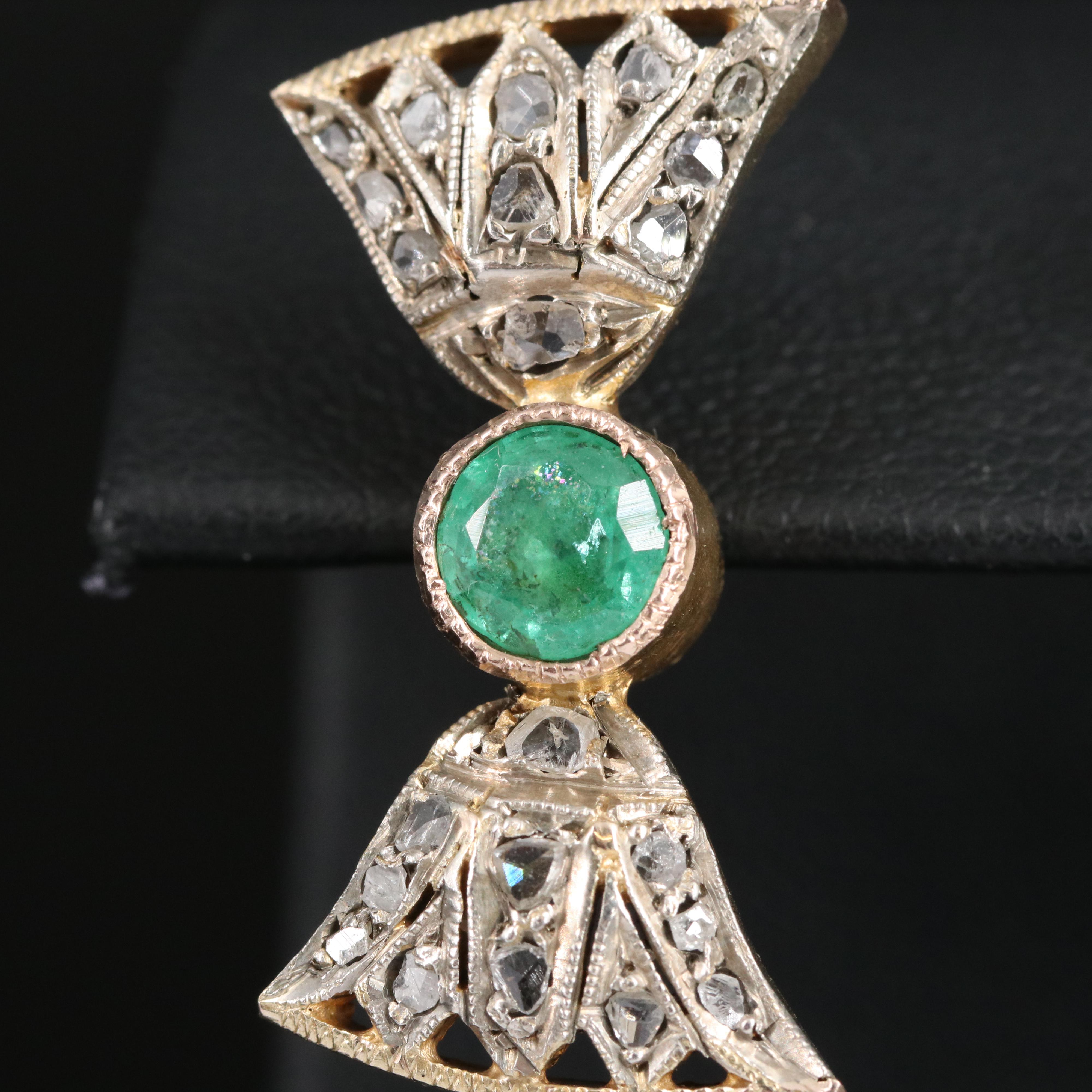 Egyptian Revival 10K and Sterling Emerald and Diamond Papyrus Motif Earrings