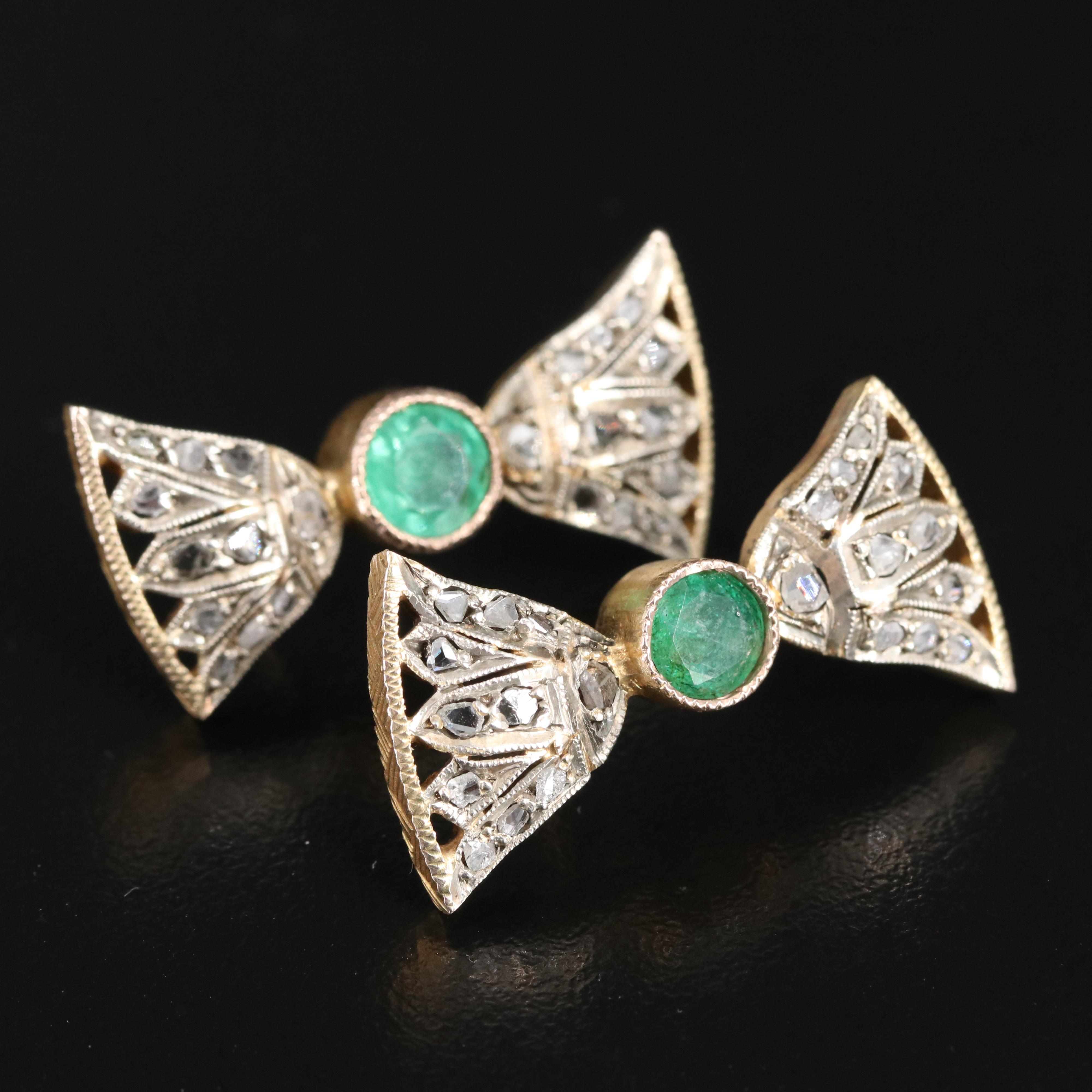 Egyptian Revival 10K and Sterling Emerald and Diamond Papyrus Motif Earrings