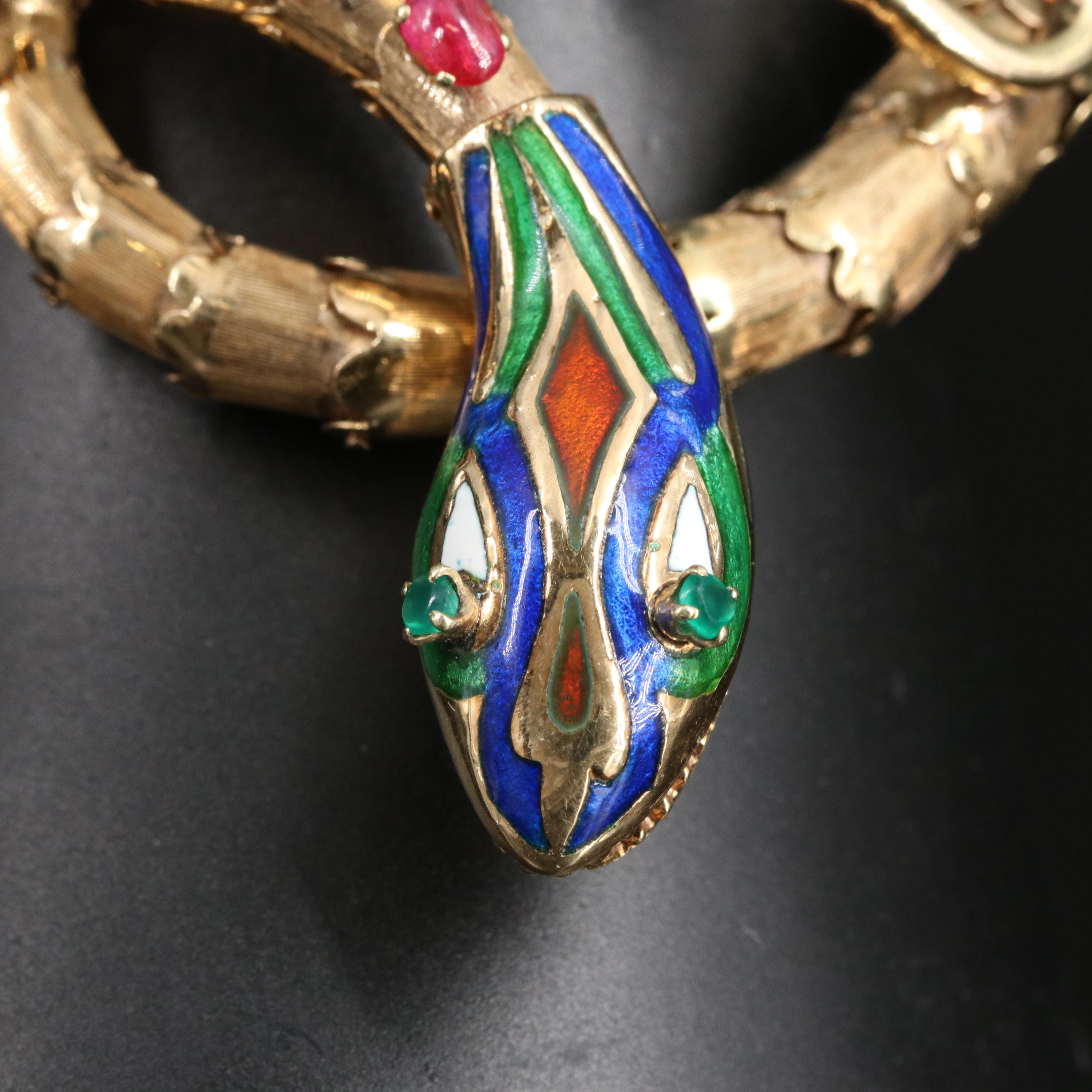 1970s 14K Enamel, Ruby and Chalcedony Articulated Snake Bracelet