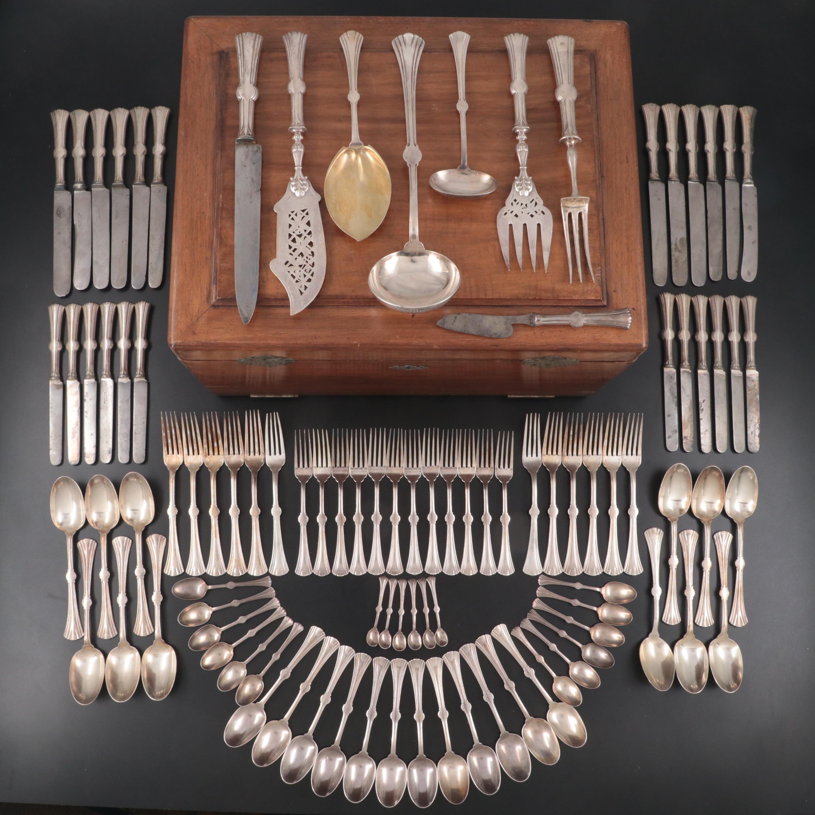 Christofle French and Other Silver Plate Flatware in Wooden Storage Chest