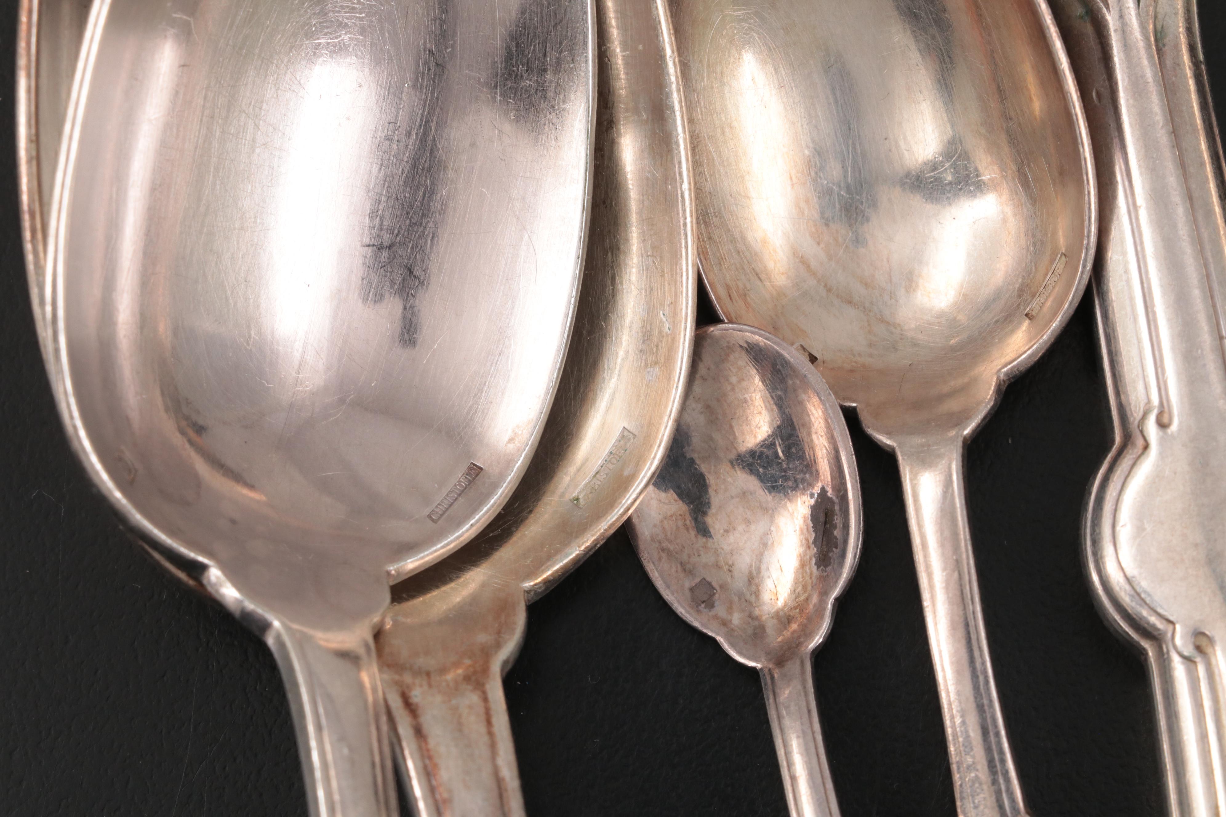 Christofle French and Other Silver Plate Flatware in Wooden Storage Chest