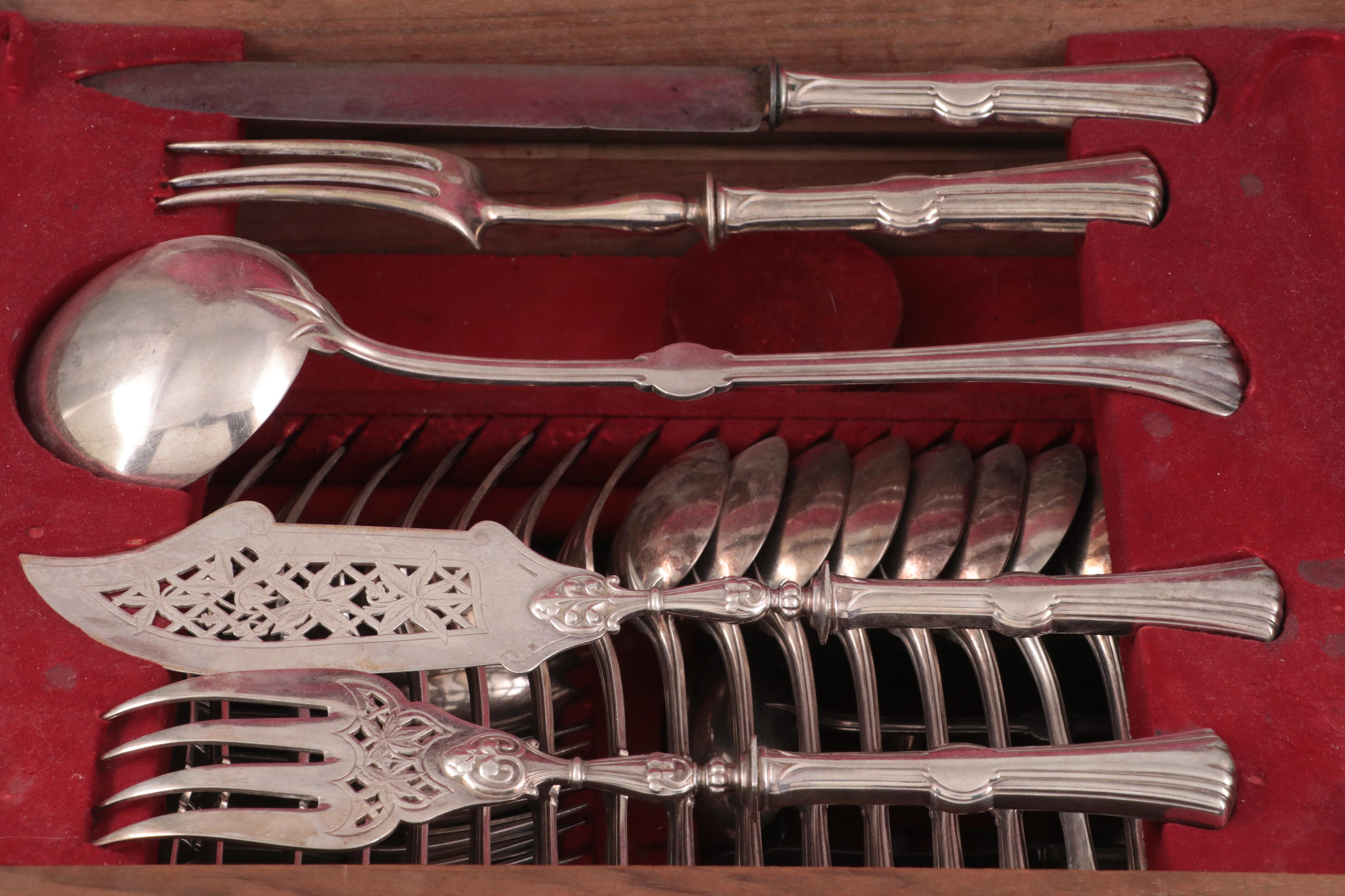 Christofle French and Other Silver Plate Flatware in Wooden Storage Chest