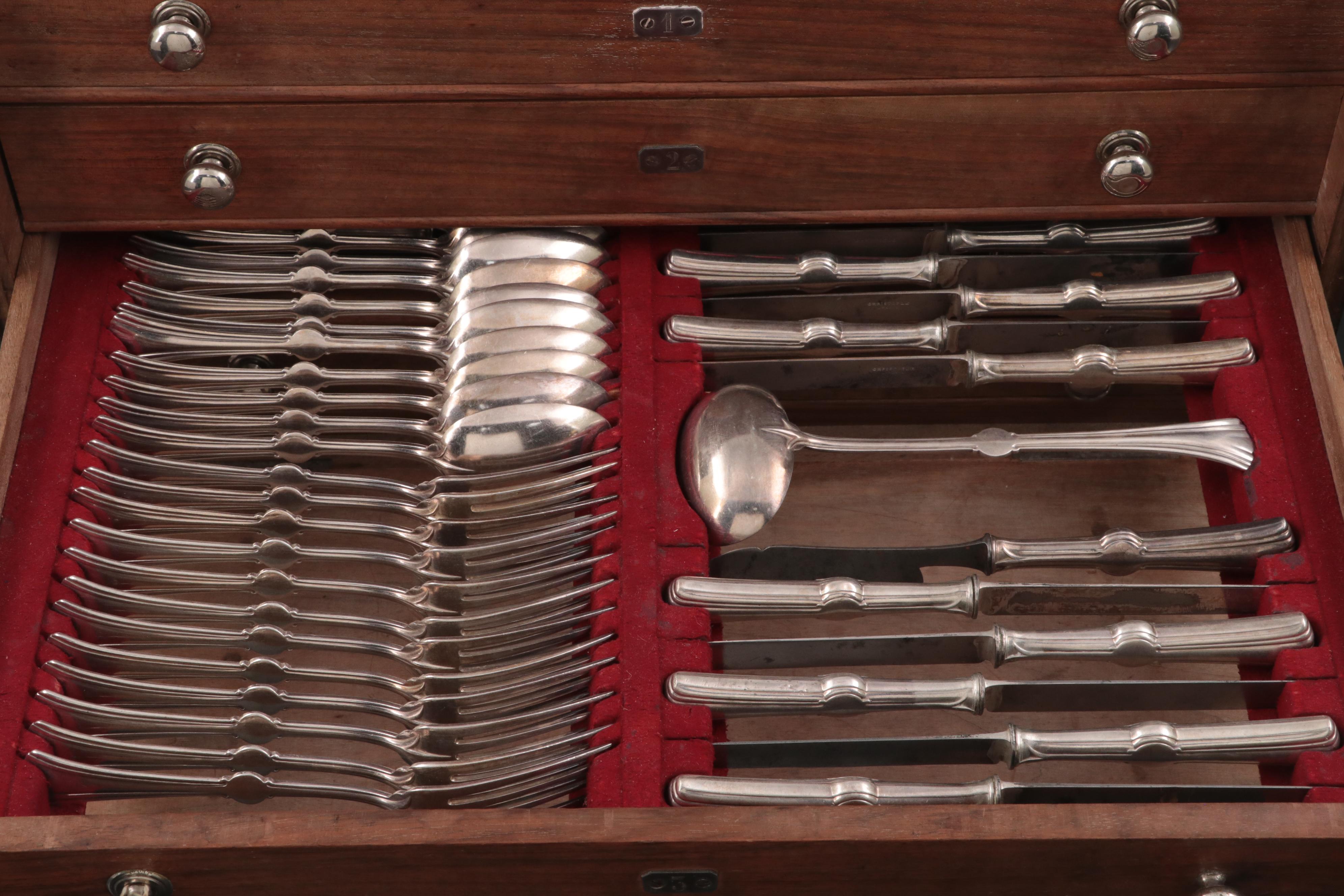 Christofle French and Other Silver Plate Flatware in Wooden Storage Chest