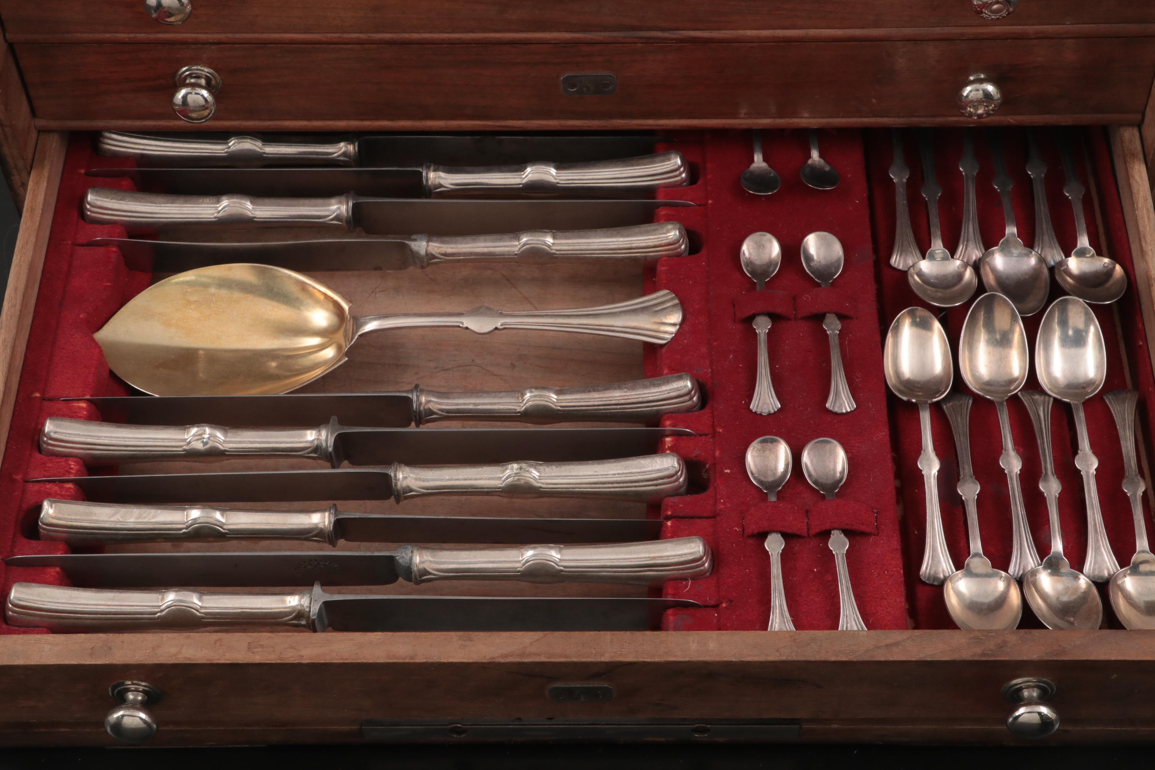 Christofle French and Other Silver Plate Flatware in Wooden Storage Chest