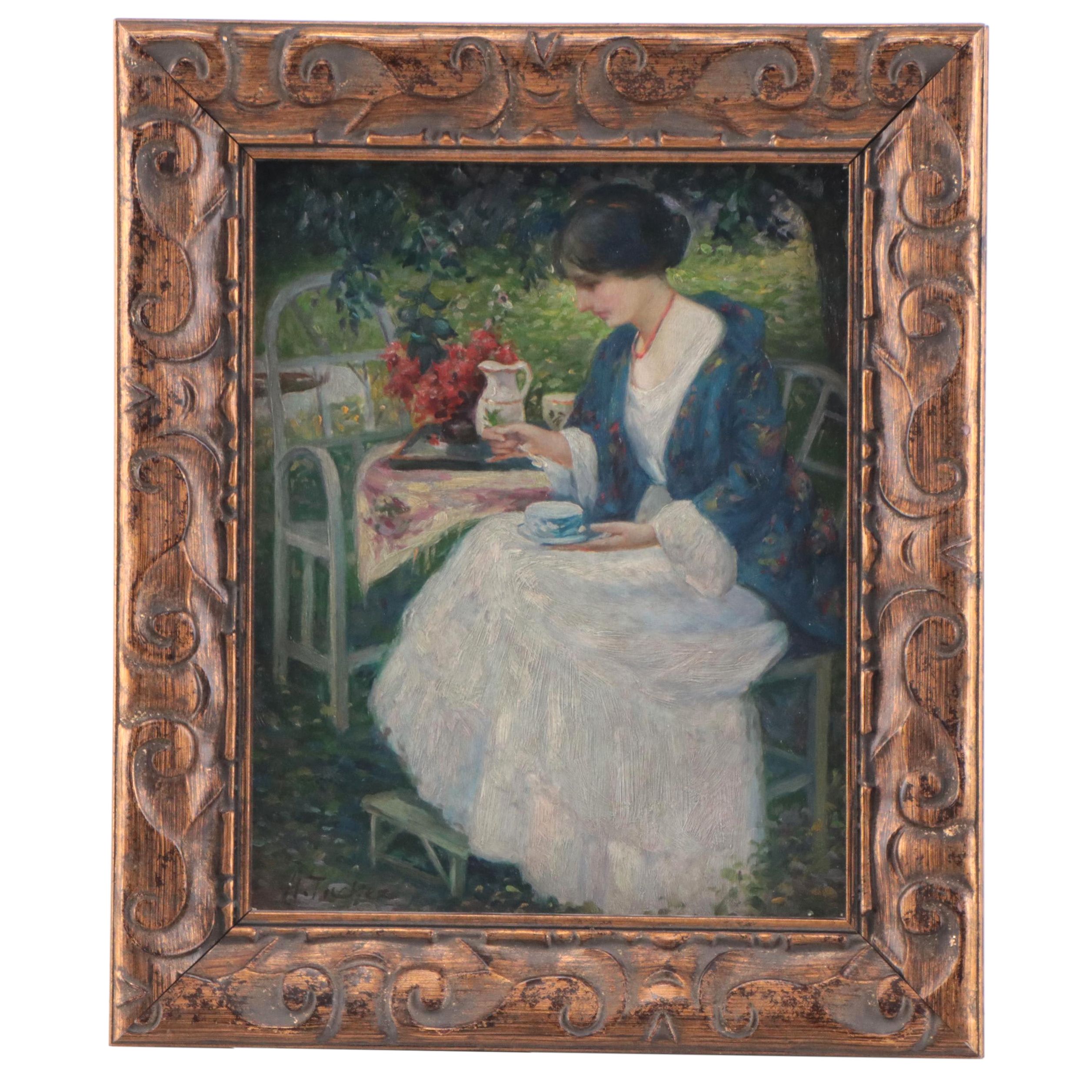 Impressionist Style Oil Painting of Woman in a Garden, Circa 2000