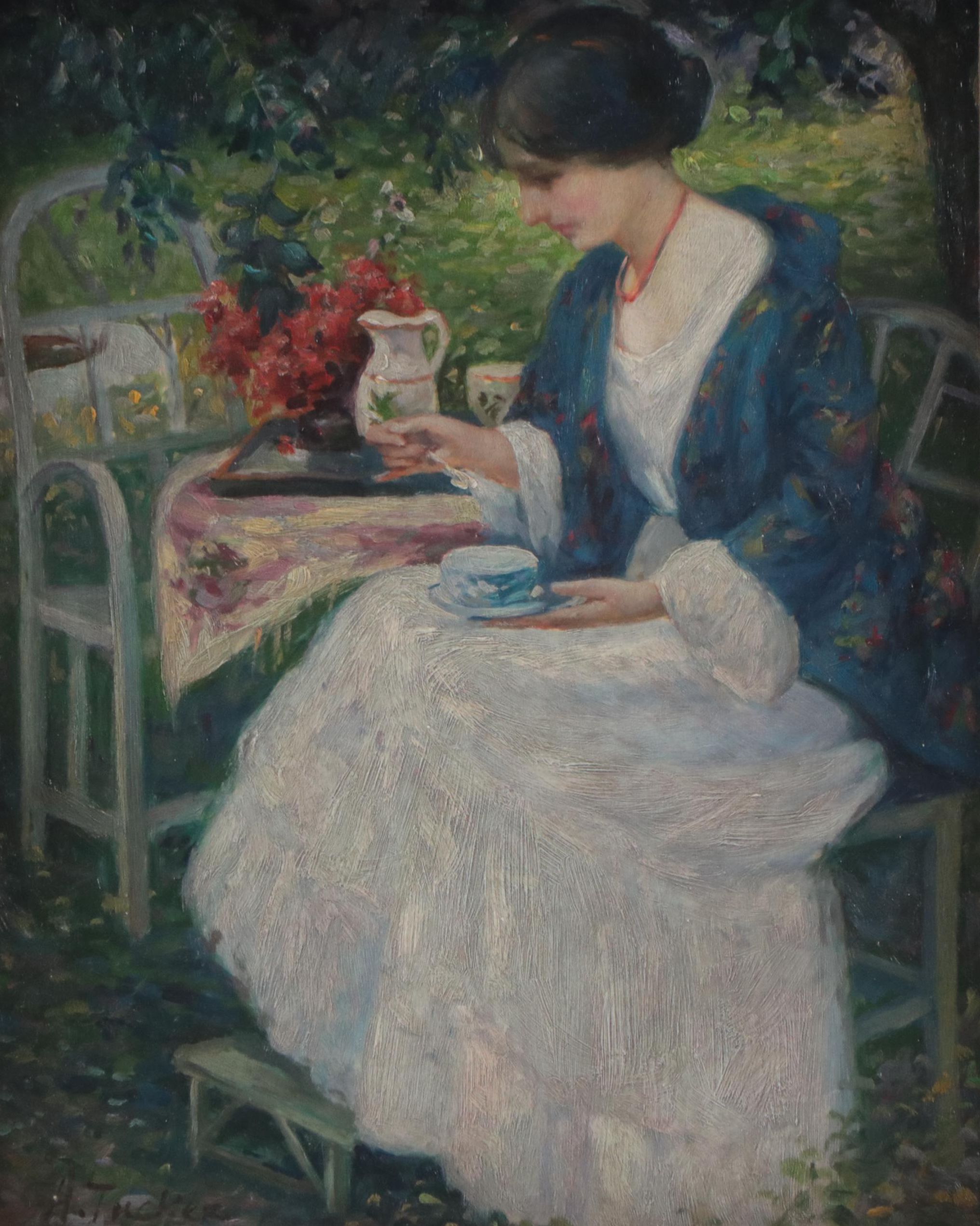 Impressionist Style Oil Painting of Woman in a Garden, Circa 2000