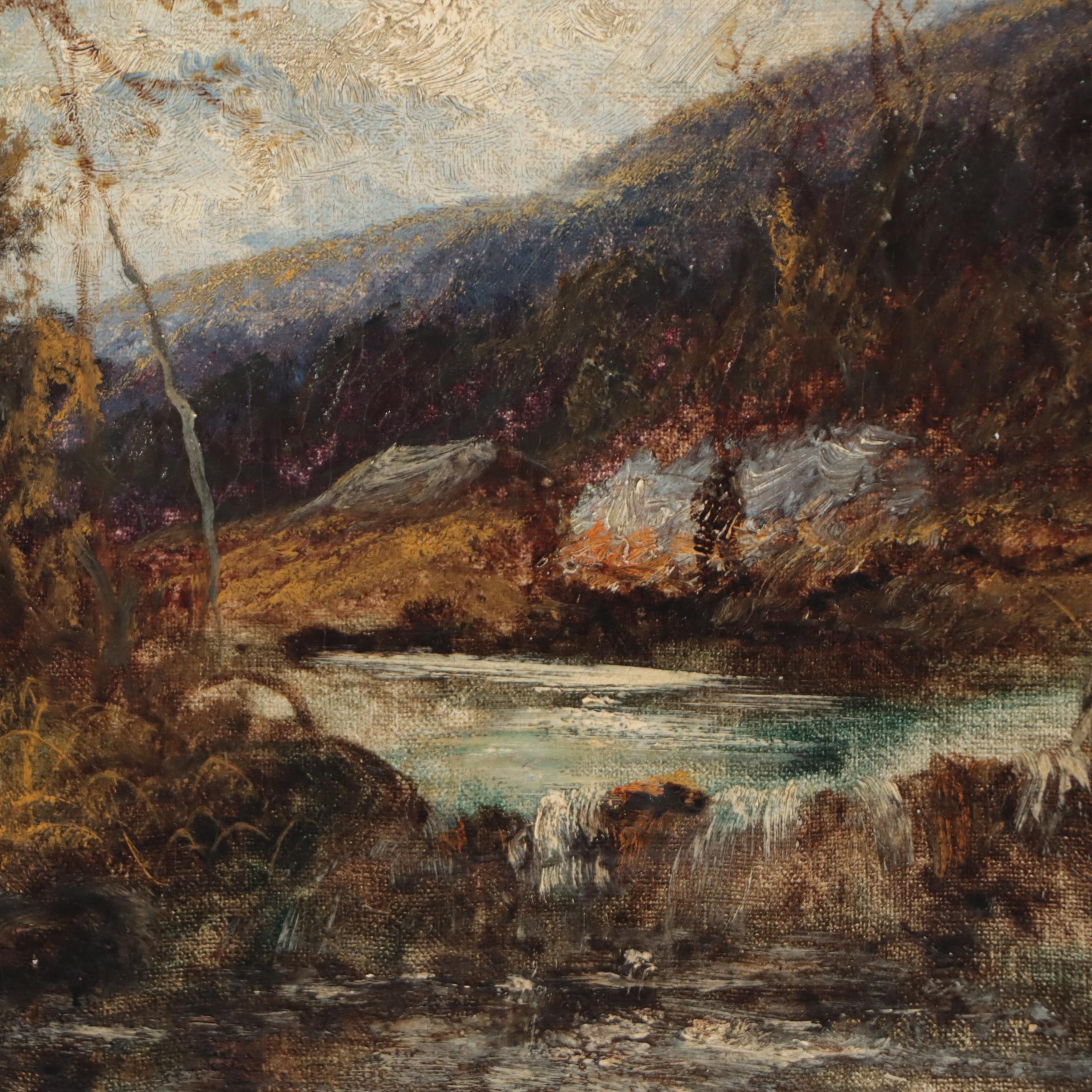 Autumnal Forest Landscape Oil Painting of Babbling Brook, Late 19th Century