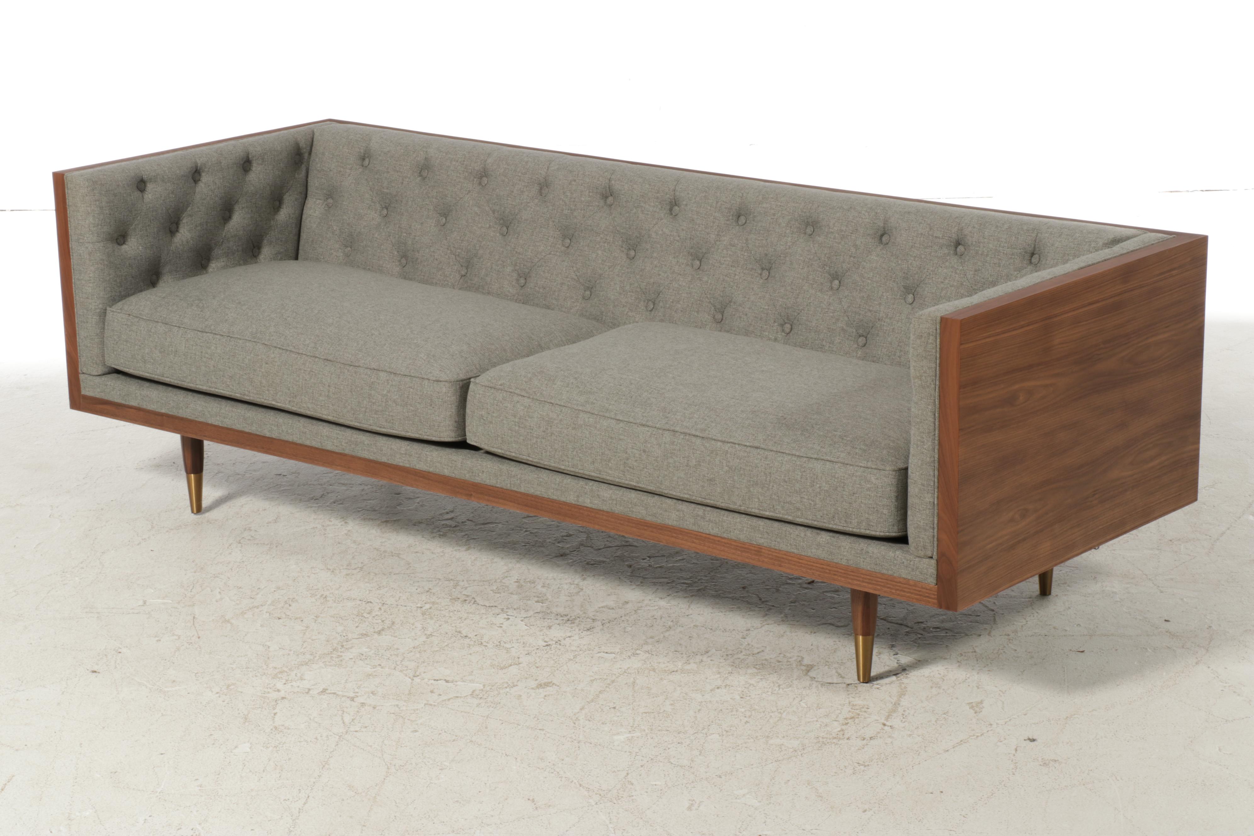 Modernist Style Walnut and Button-Tufted Sofa
