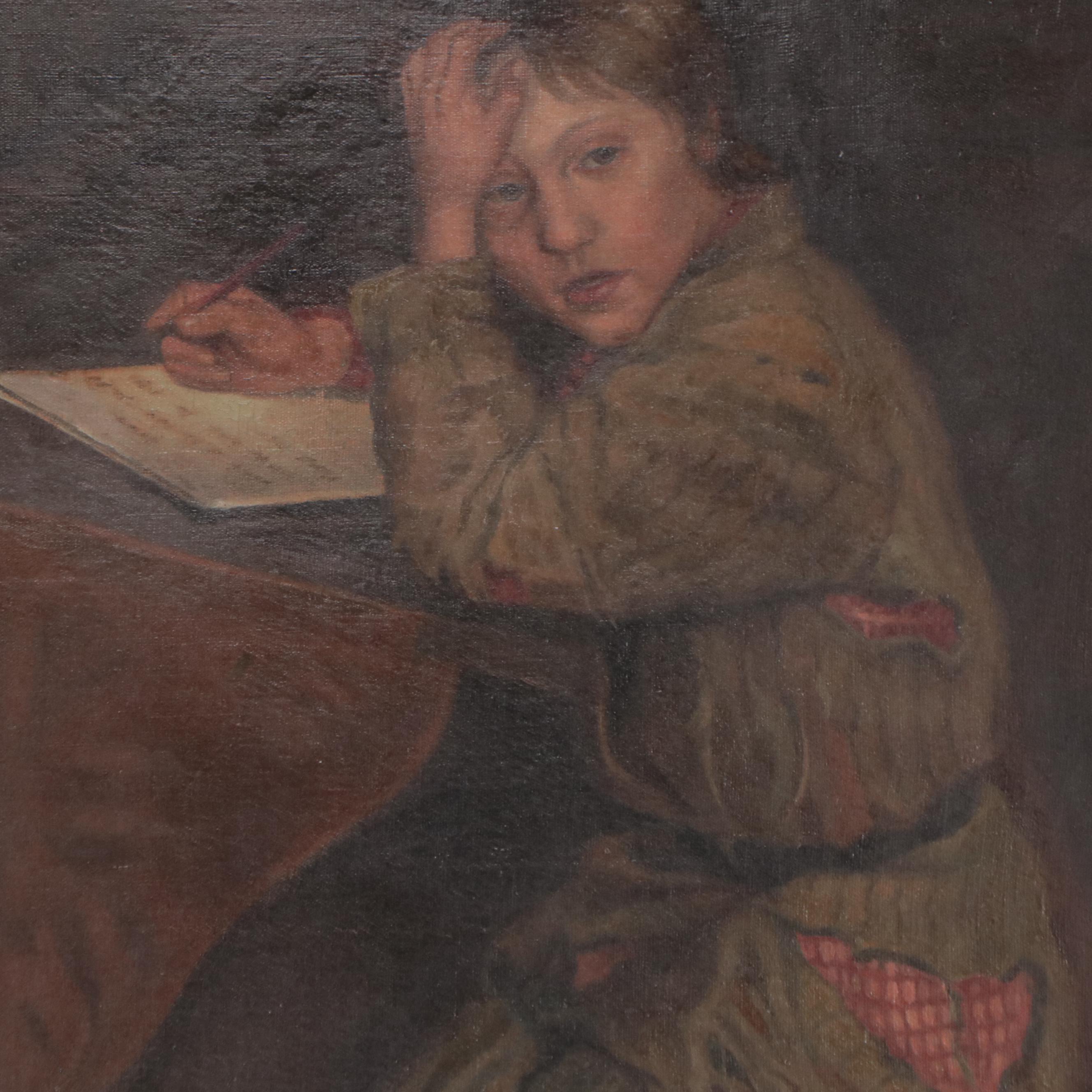 After Nikolai Petrovich Bogdanov Belsky Oil Painting of Tired School Boy "Essay"