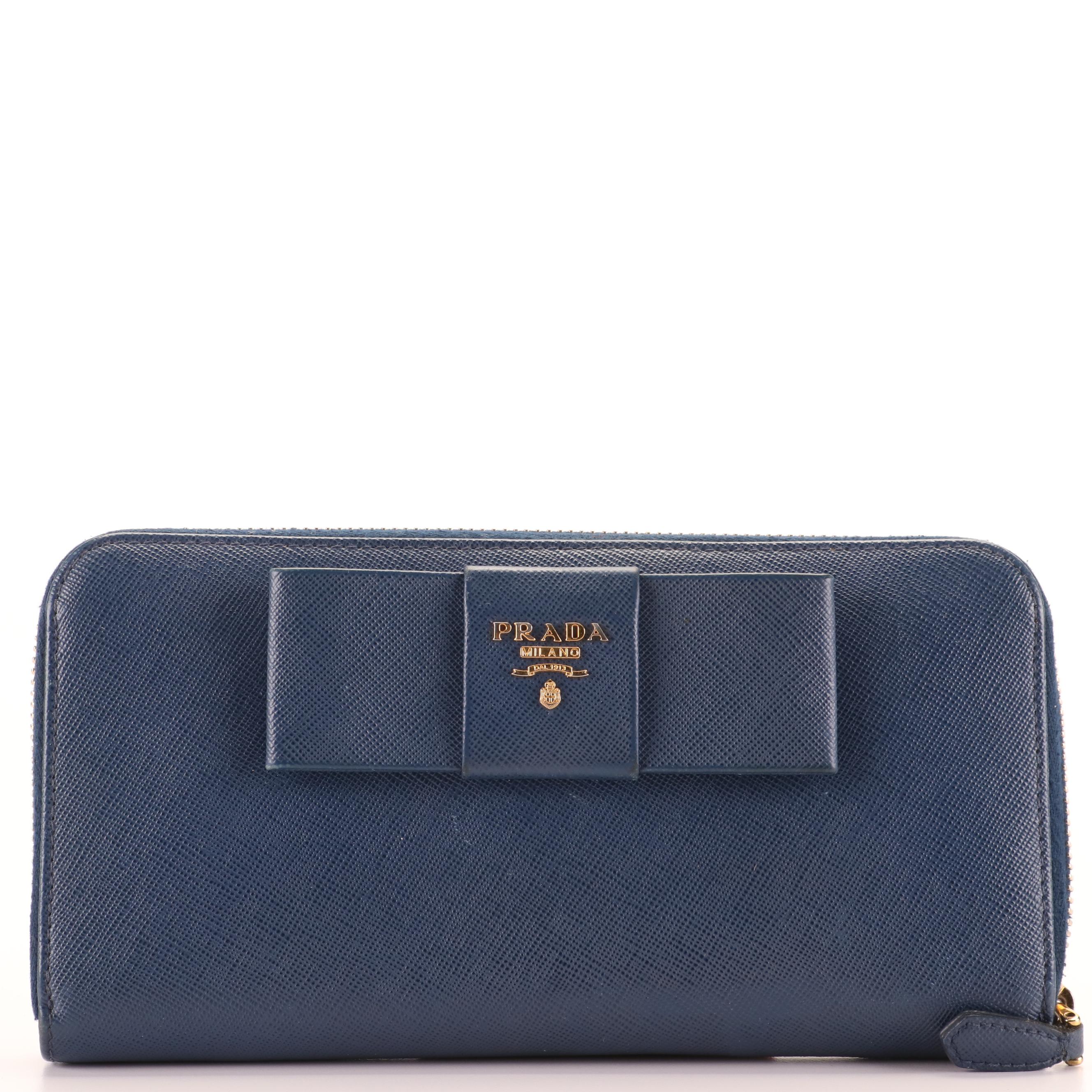 Prada Saffiano Zip Around Wallet with Flat Bow in Blue Leather with Box
