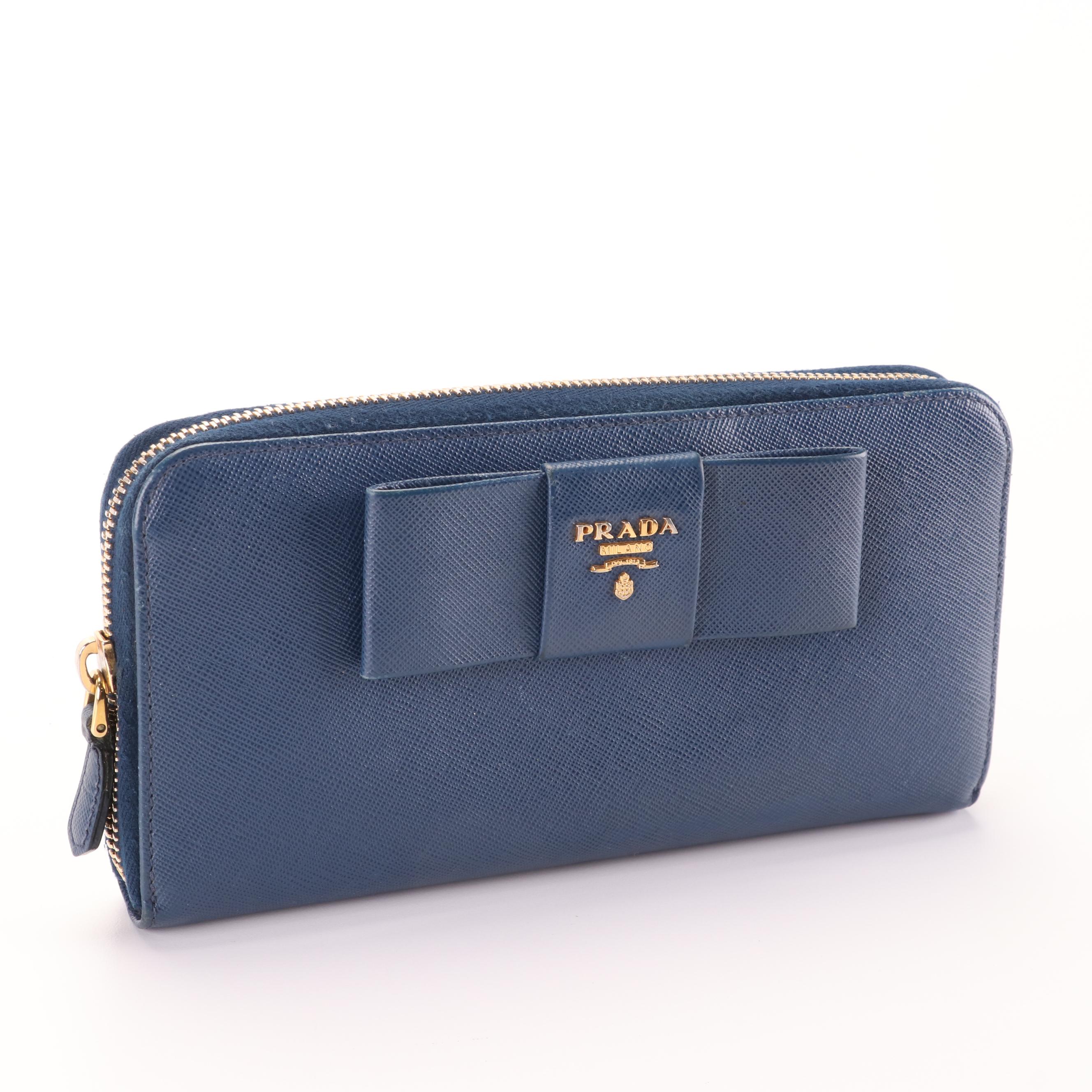 Prada Saffiano Zip Around Wallet with Flat Bow in Blue Leather with Box