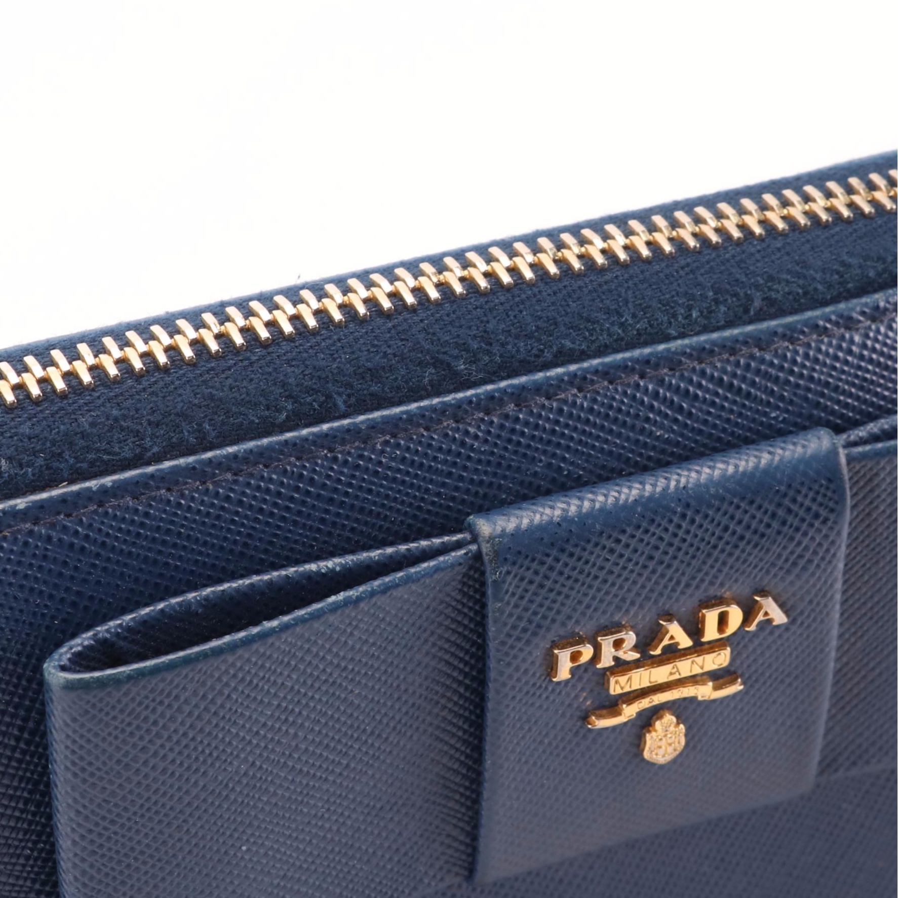 Prada Saffiano Zip Around Wallet with Flat Bow in Blue Leather with Box