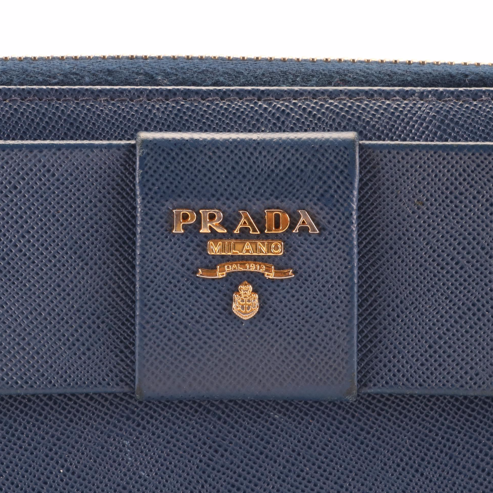 Prada Saffiano Zip Around Wallet with Flat Bow in Blue Leather with Box