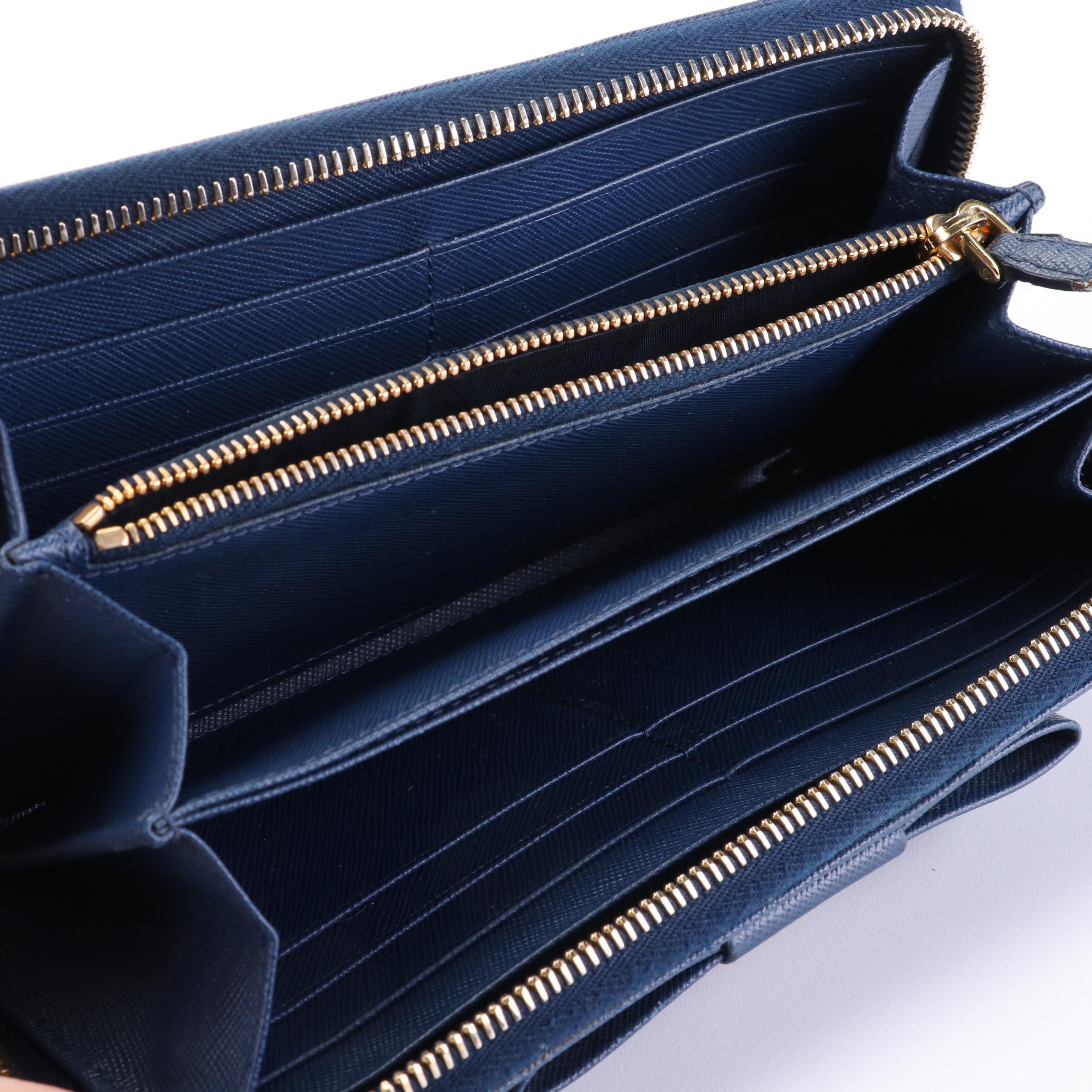 Prada Saffiano Zip Around Wallet with Flat Bow in Blue Leather with Box