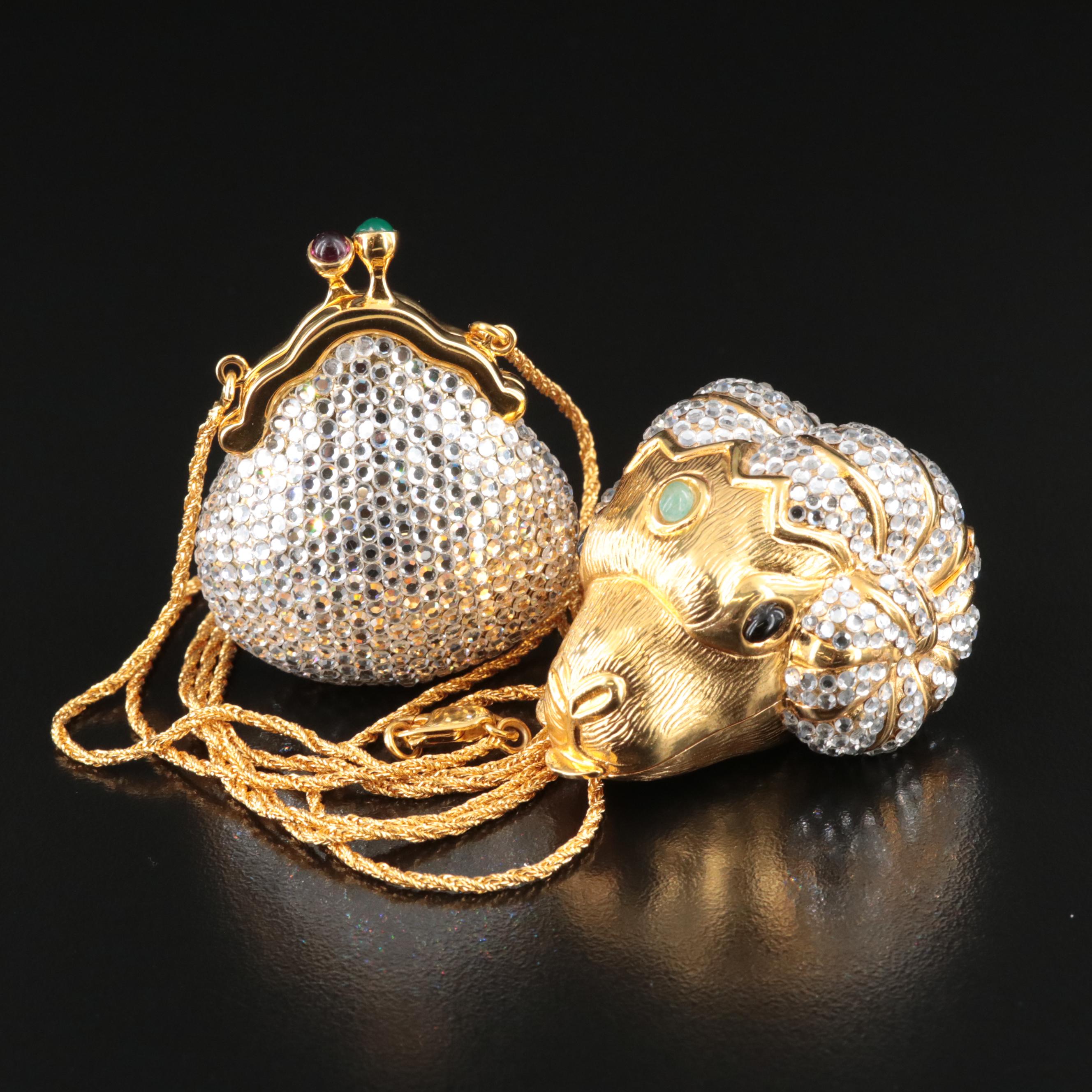 Judith Leiber Purse Locket Necklace and Rams Head Trinket Box with Chalcedony