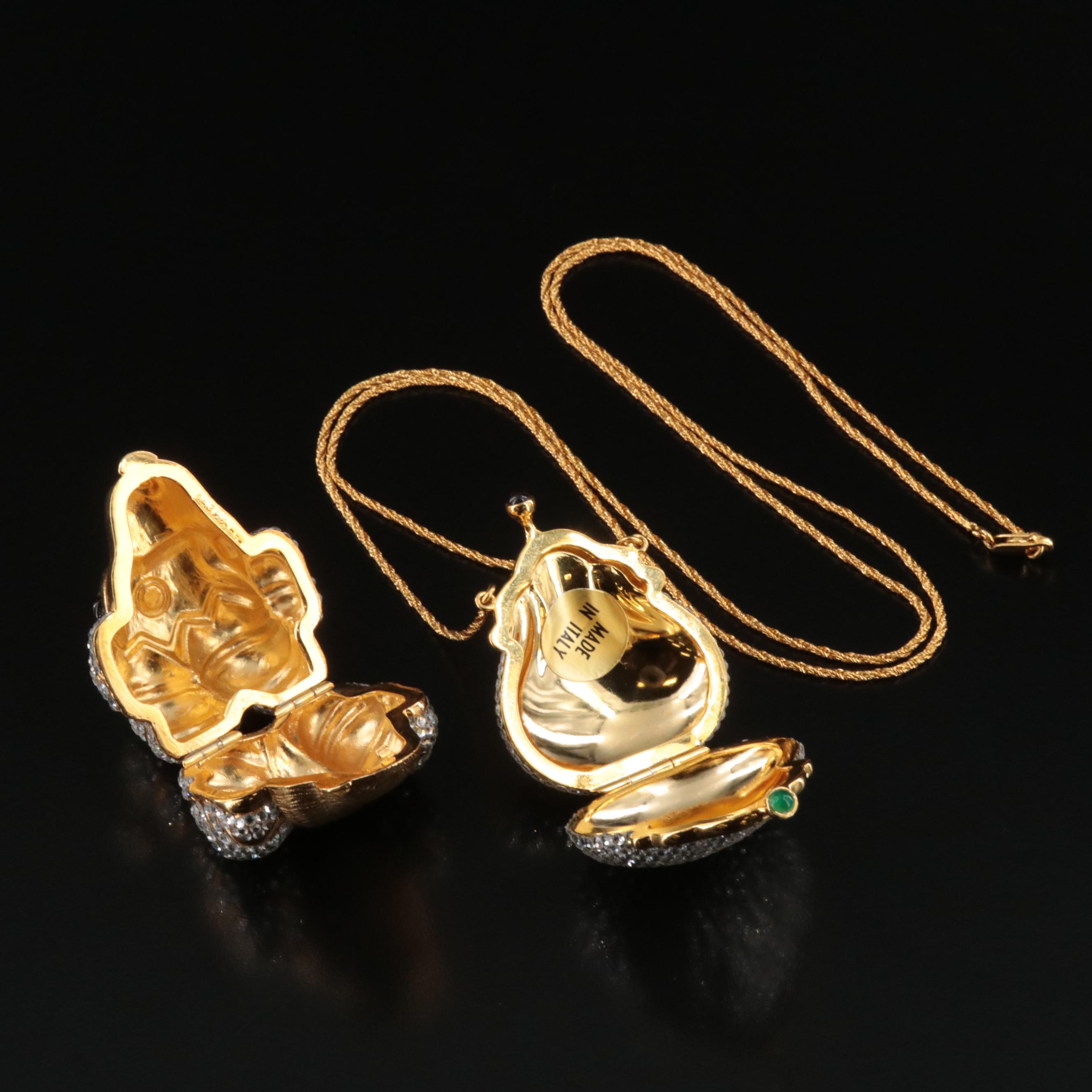 Judith Leiber Purse Locket Necklace and Rams Head Trinket Box with Chalcedony