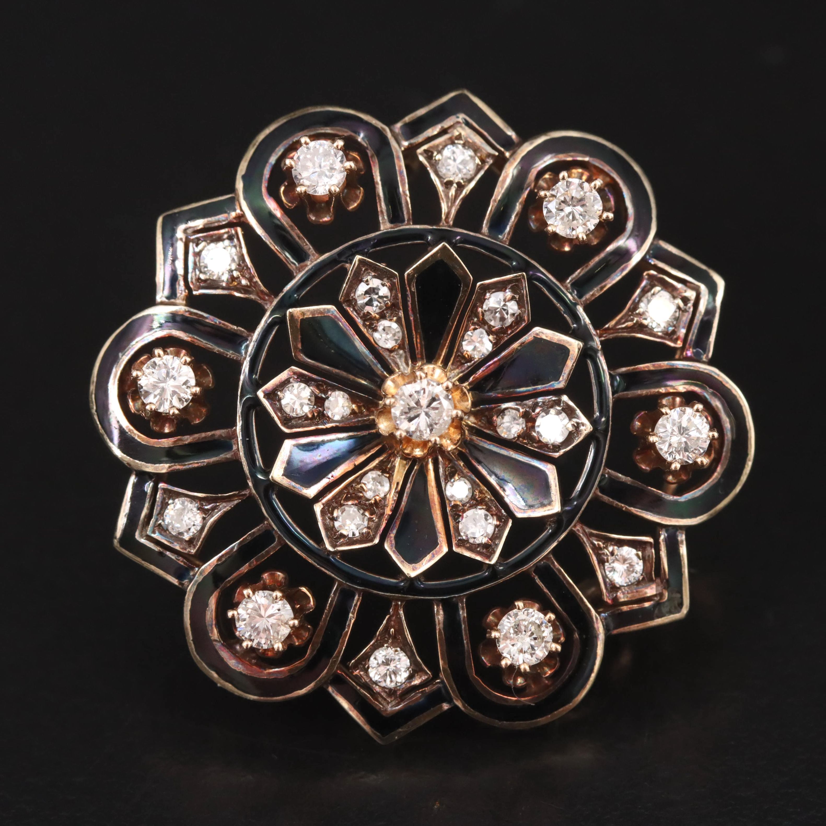 Victorian Revival 14K Diamond and Enamel Mourning Pin