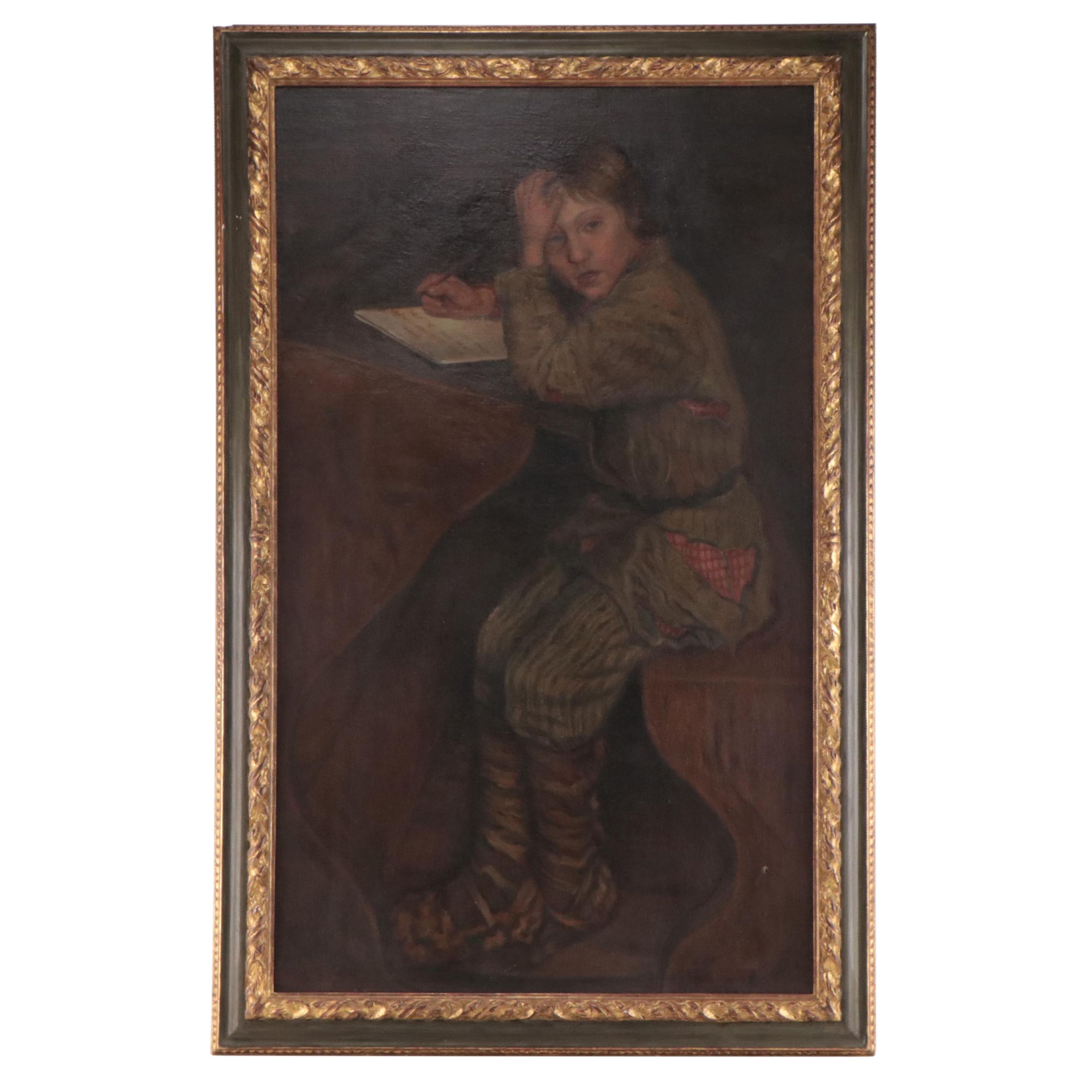After Nikolai Petrovich Bogdanov Belsky Oil Painting of Tired School Boy "Essay"