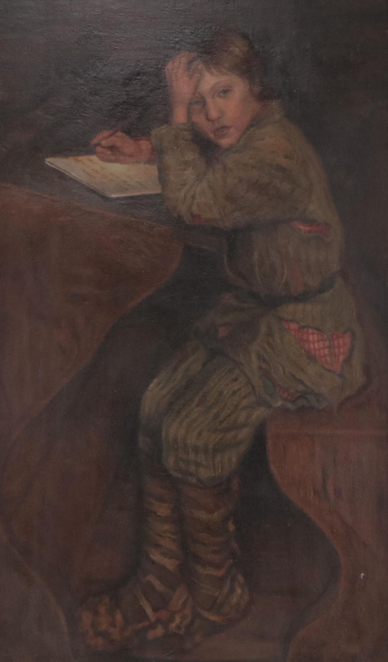 After Nikolai Petrovich Bogdanov Belsky Oil Painting of Tired School Boy "Essay"