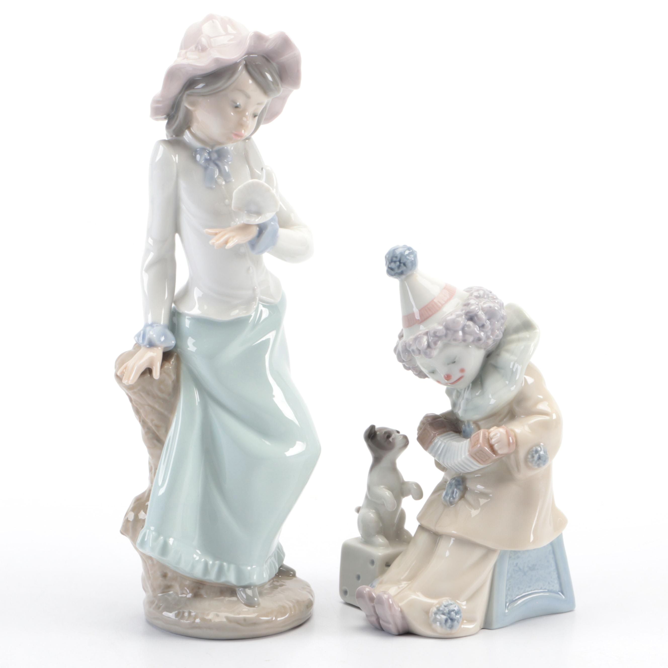 Lladró "Pierrot with Concertina" and Nao by Lladró "Girl with Dove" Figurines