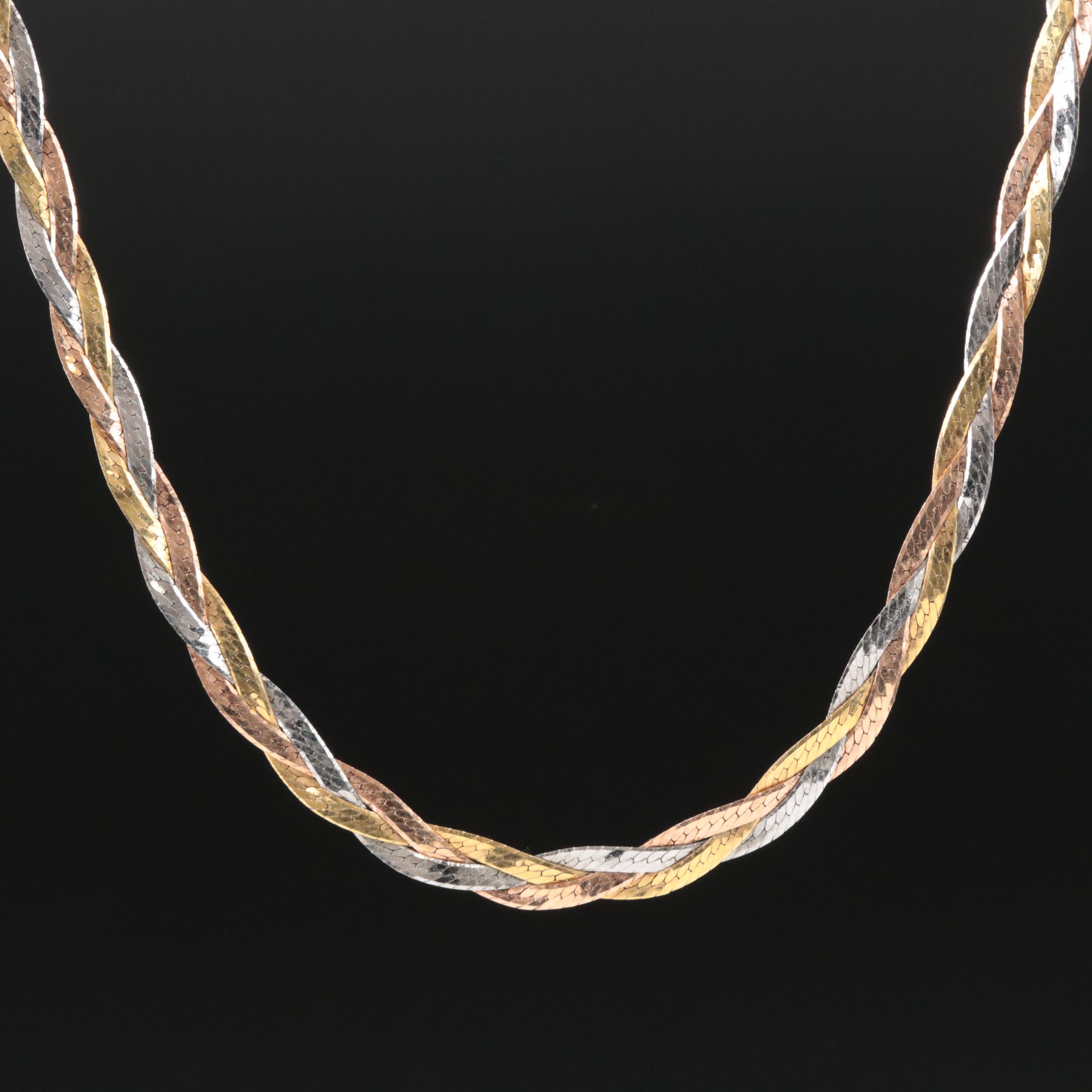 Italian 14K Tri-Color Gold Braided Herringbone Necklace