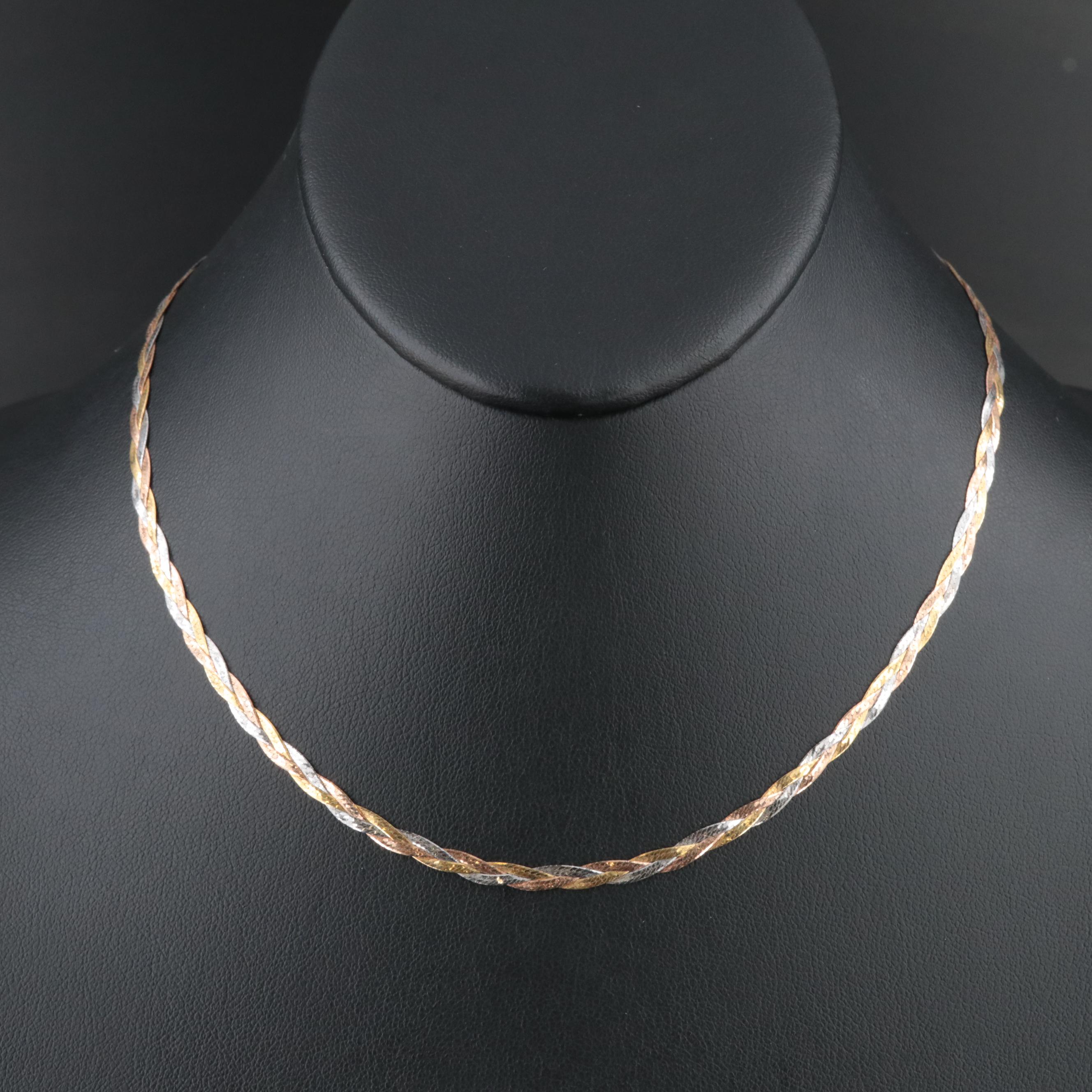 Italian 14K Tri-Color Gold Braided Herringbone Necklace
