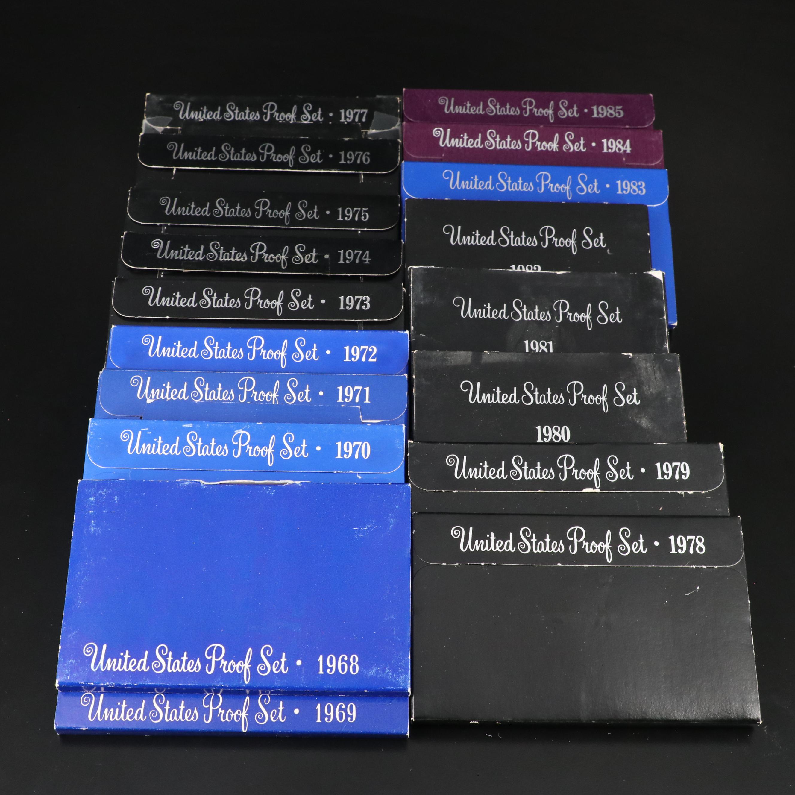 Collection of Eighteen Different United States Proof Sets 1968-1985 Complete