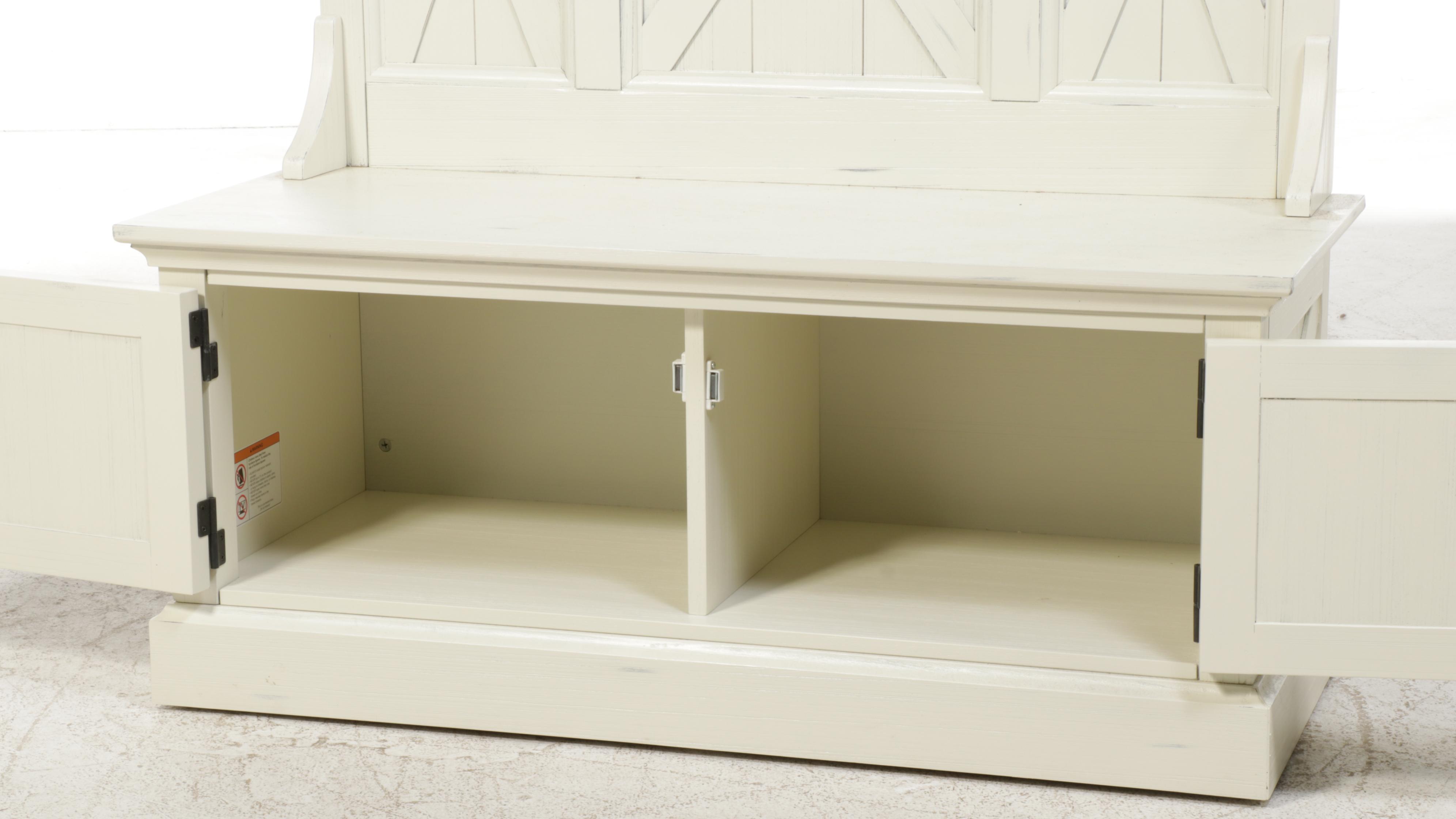 Flexsteel White-Painted Hall Bench with Mirror and Coat Hooks