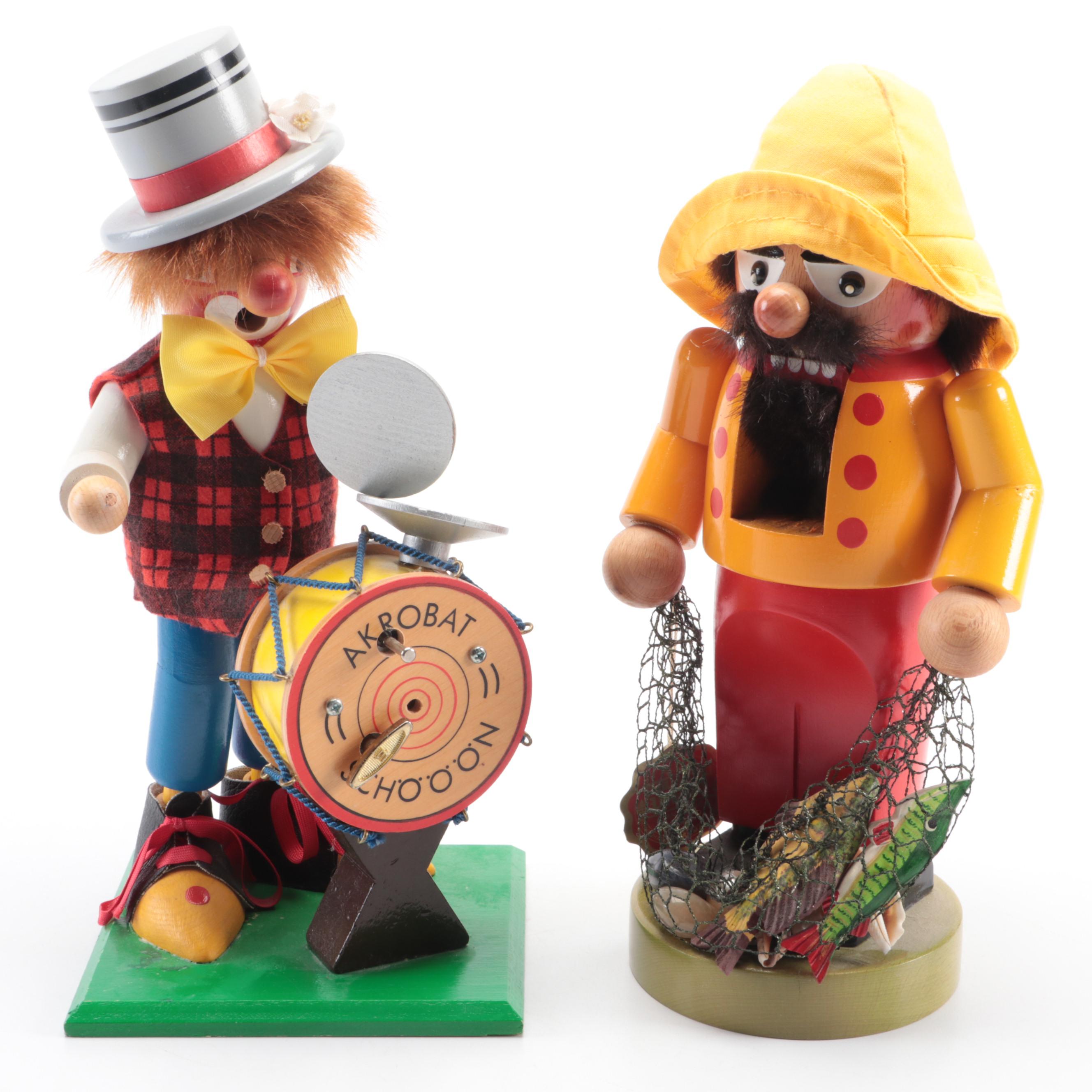 Steinbach Handmade Polychrome Clown Smoker and Fisherman Nutcracker EBTH
