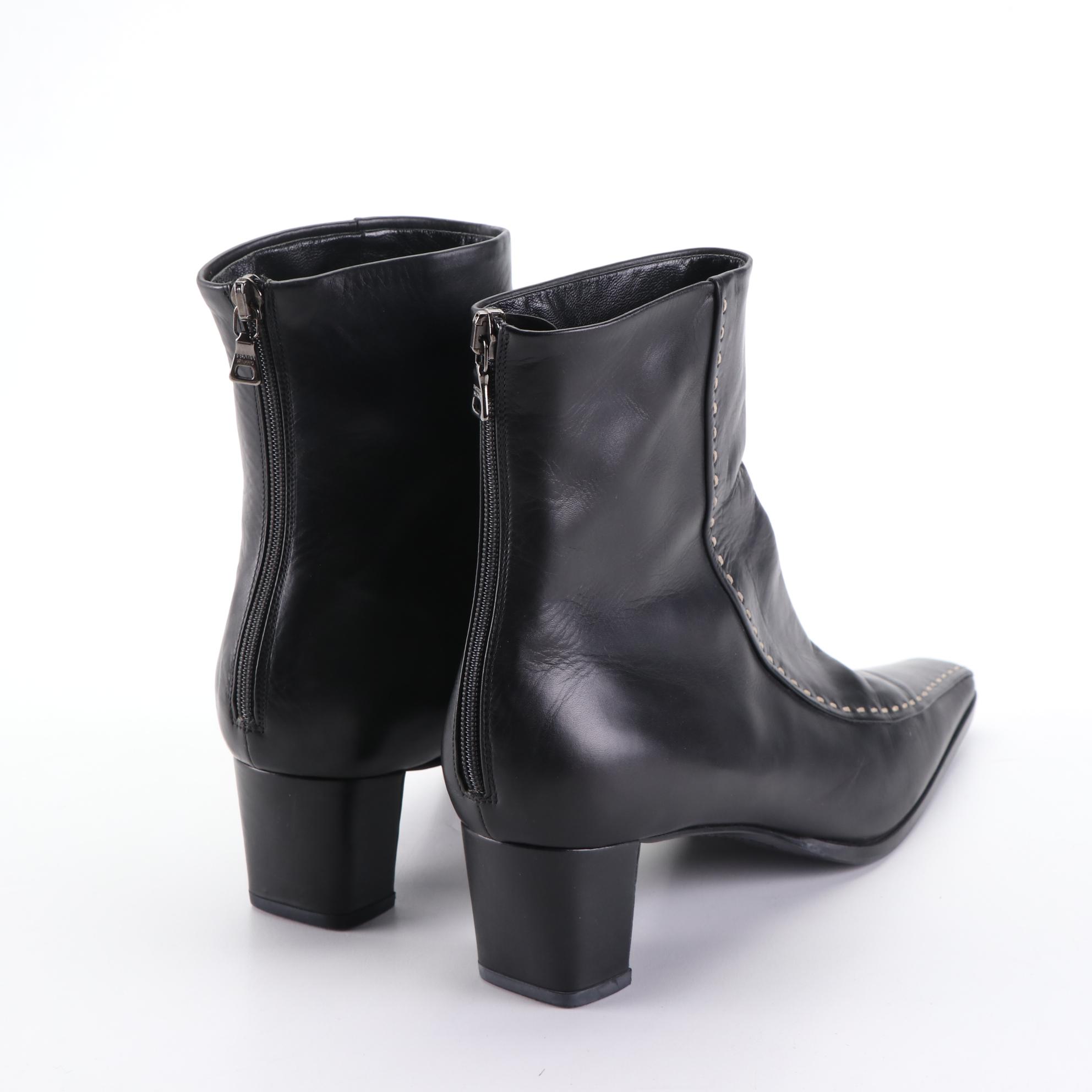 Prada Leather Zip Ankle Boots with Contrast Topstitching