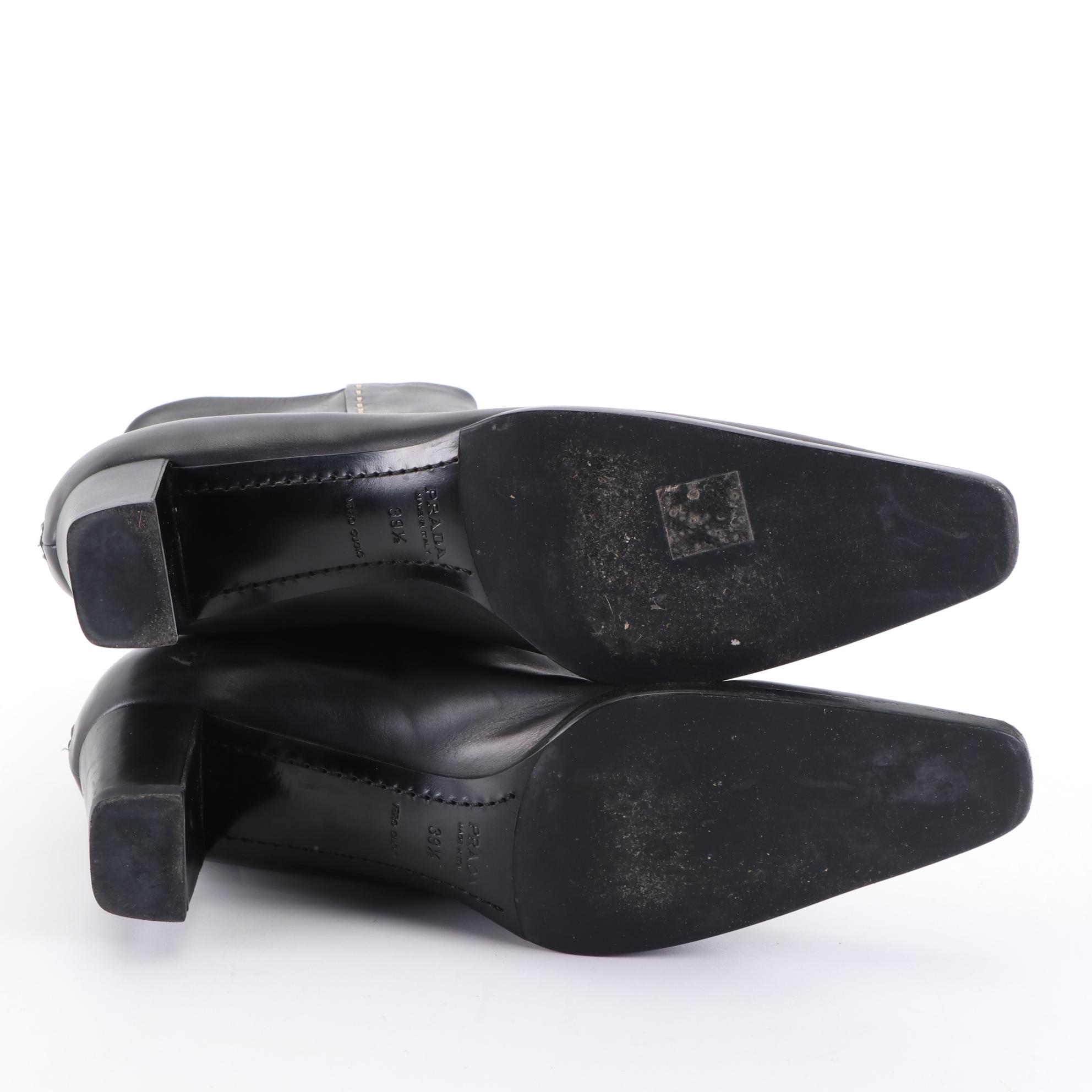 Prada Leather Zip Ankle Boots with Contrast Topstitching