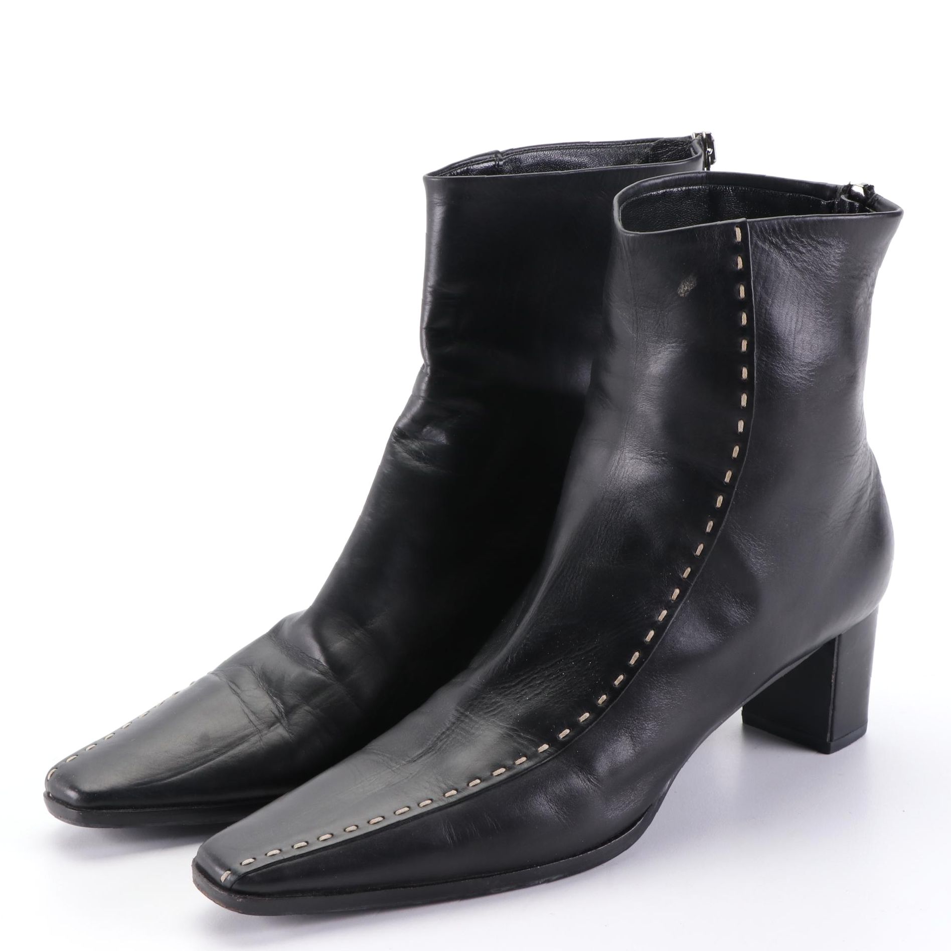Prada Leather Zip Ankle Boots with Contrast Topstitching