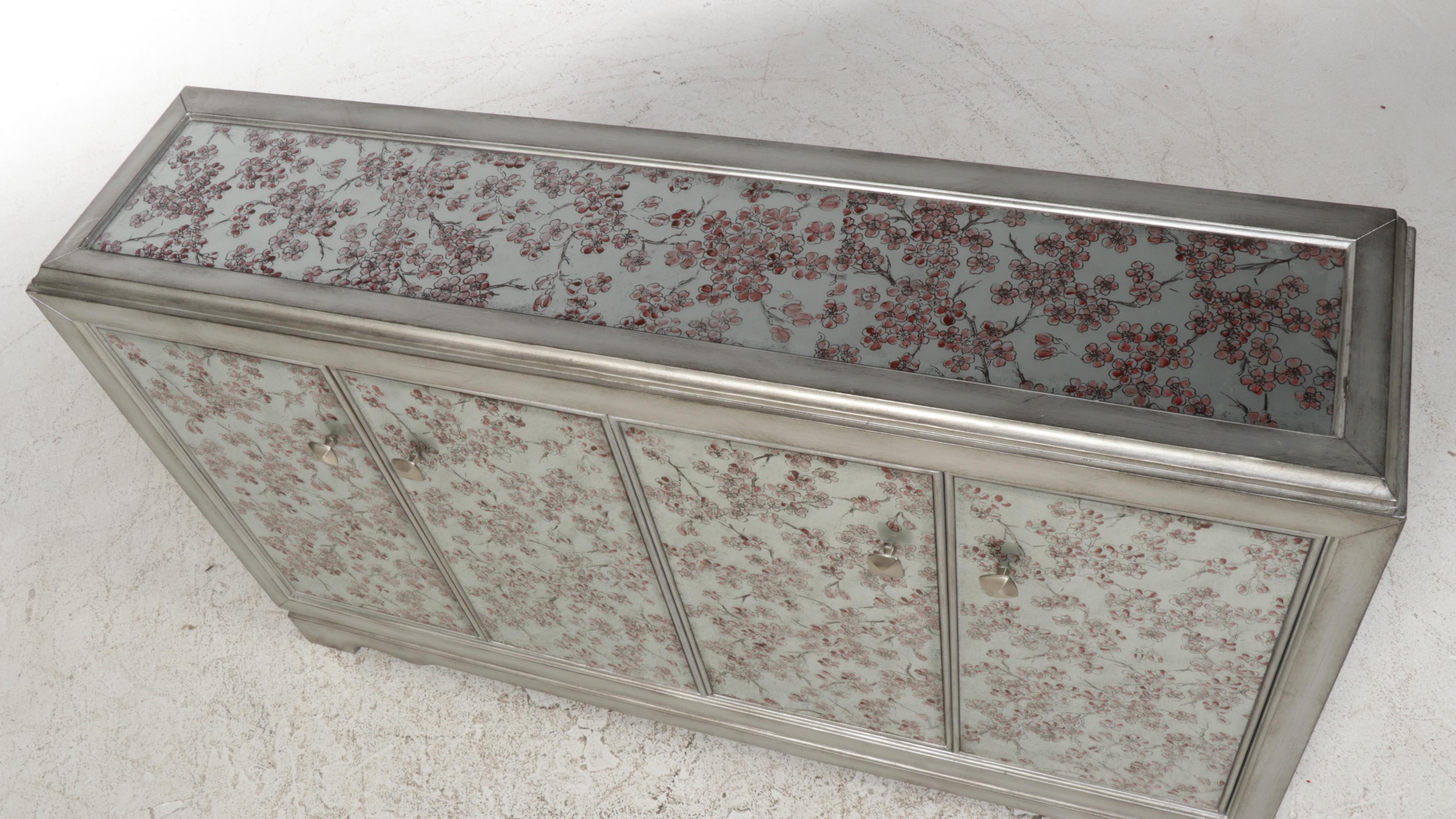 Contemporary Silvered Finish and Paint-Decorated Wood and Glass Credenza