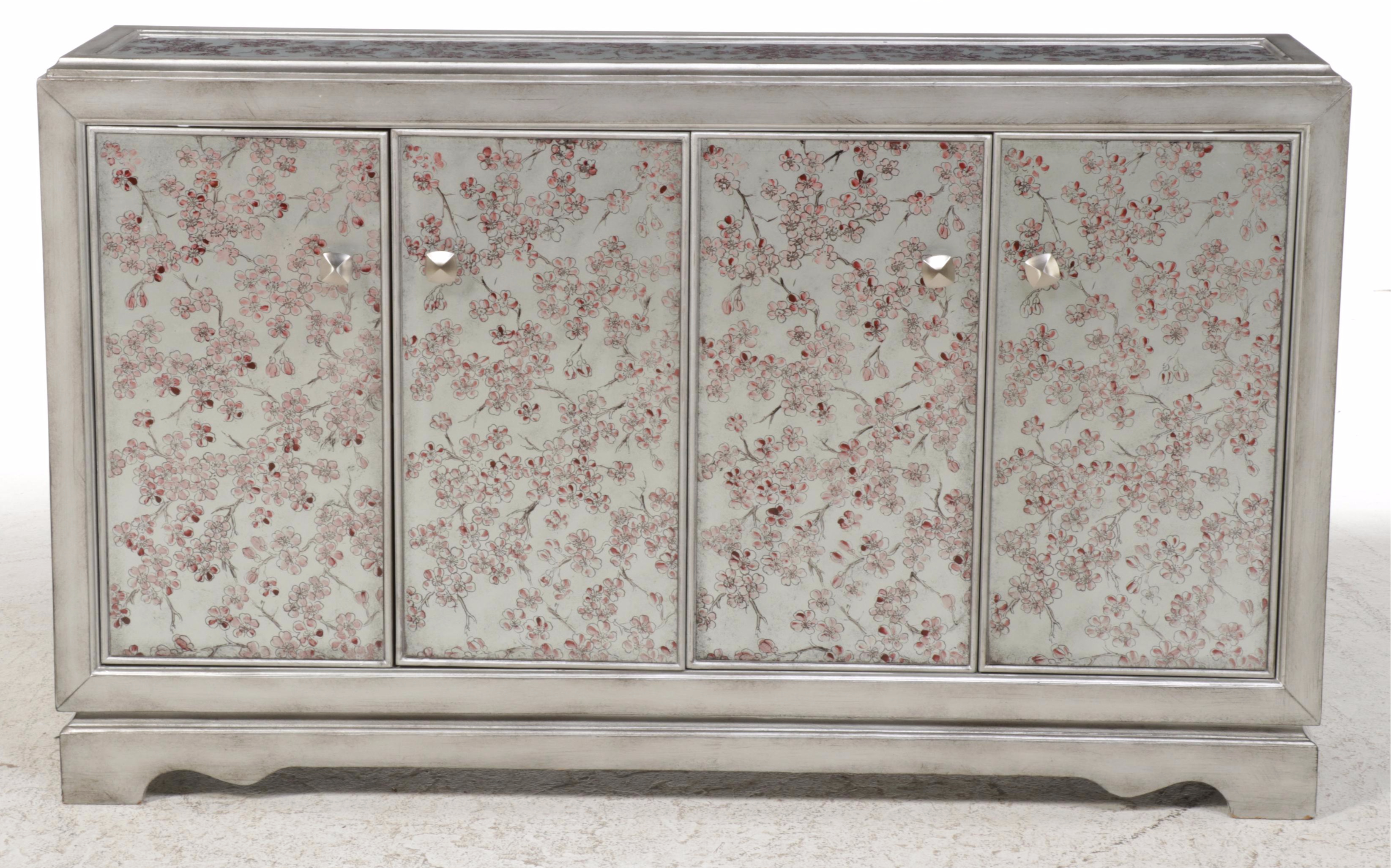 Contemporary Silvered Finish and Paint-Decorated Wood and Glass Credenza