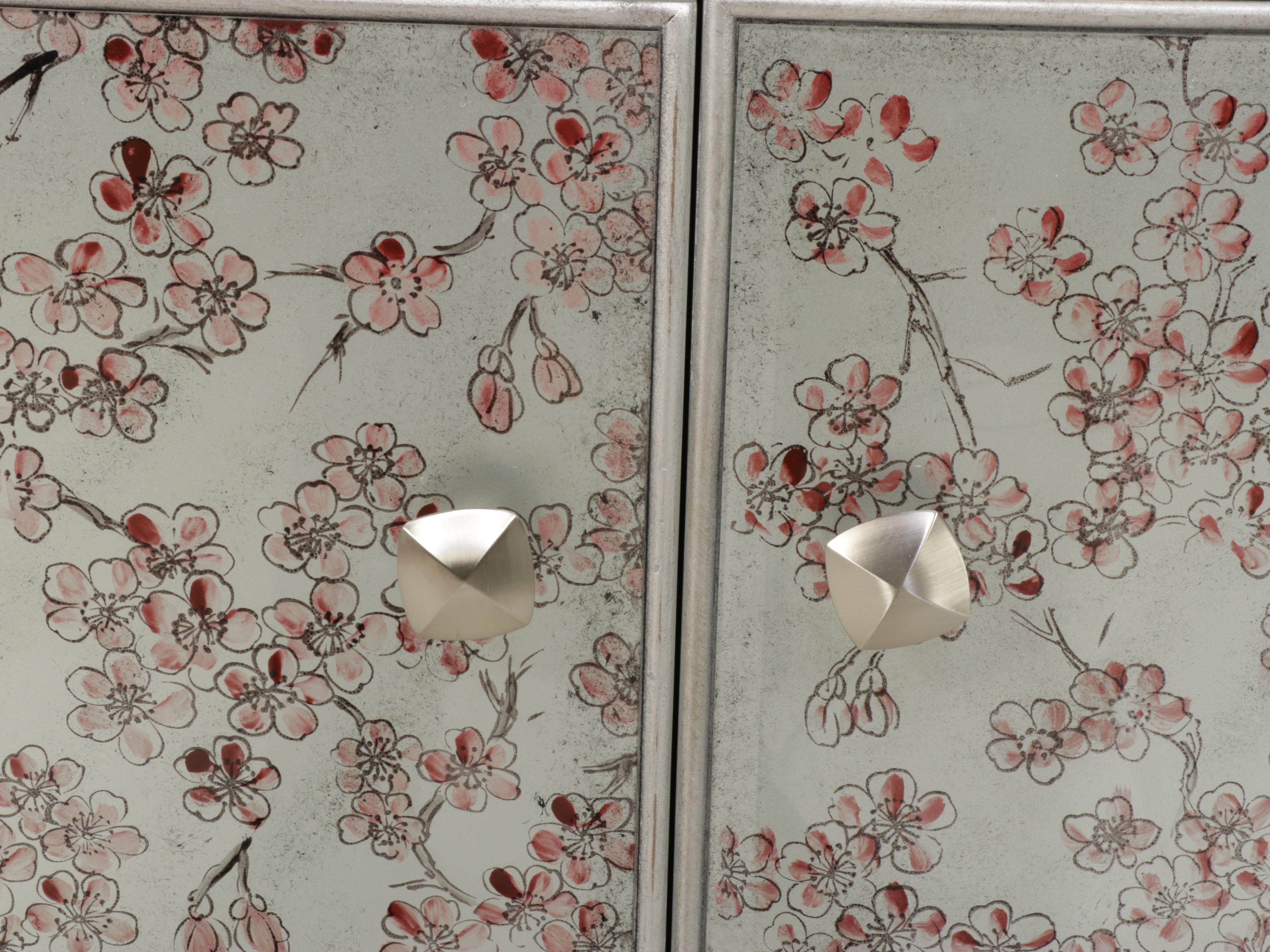 Contemporary Silvered Finish and Paint-Decorated Wood and Glass Credenza