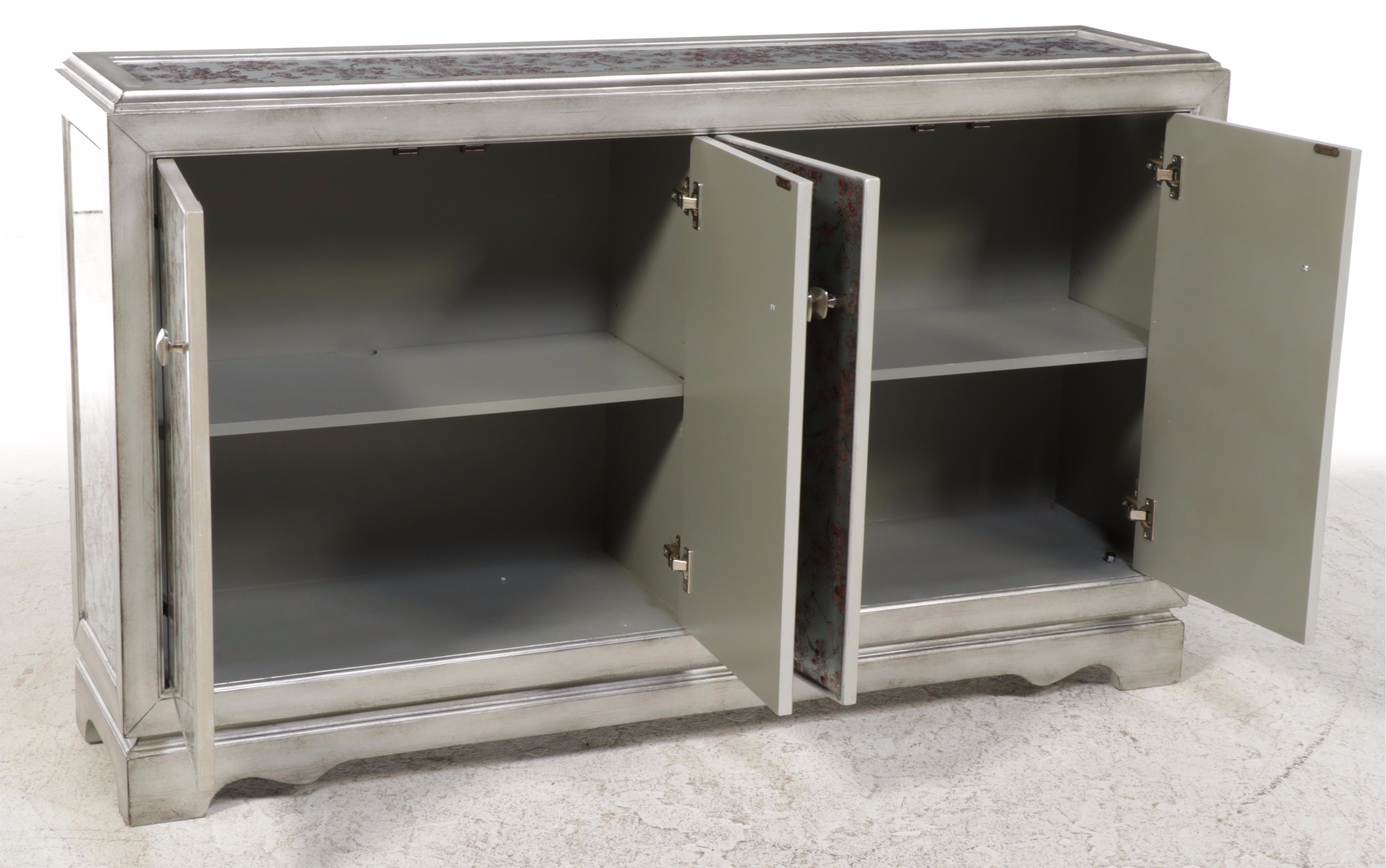 Contemporary Silvered Finish and Paint-Decorated Wood and Glass Credenza