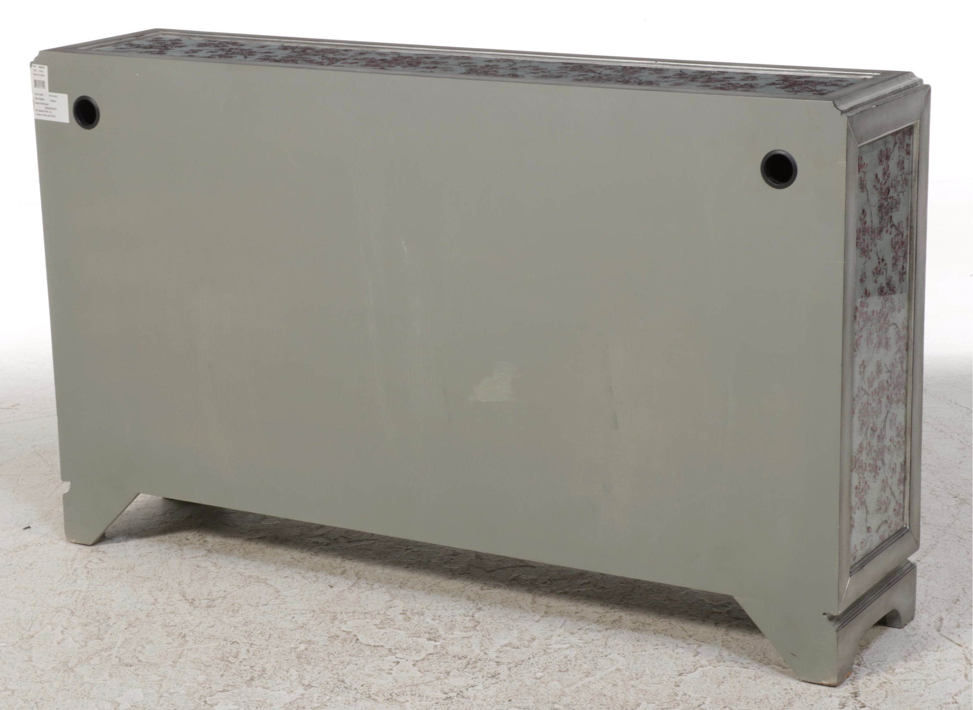 Contemporary Silvered Finish and Paint-Decorated Wood and Glass Credenza