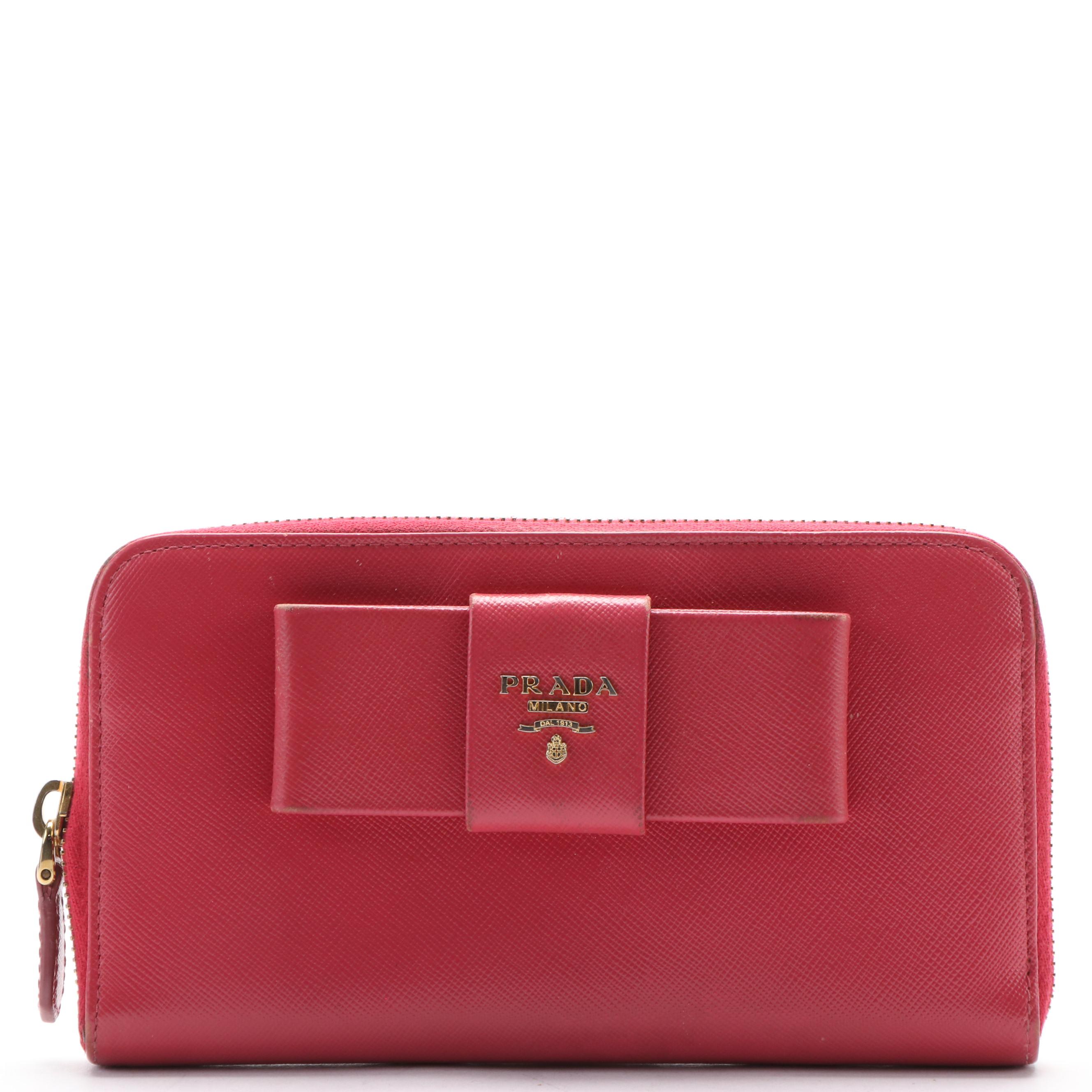 Prada Pink Bow Saffiano Leather Zip-Around Wallet