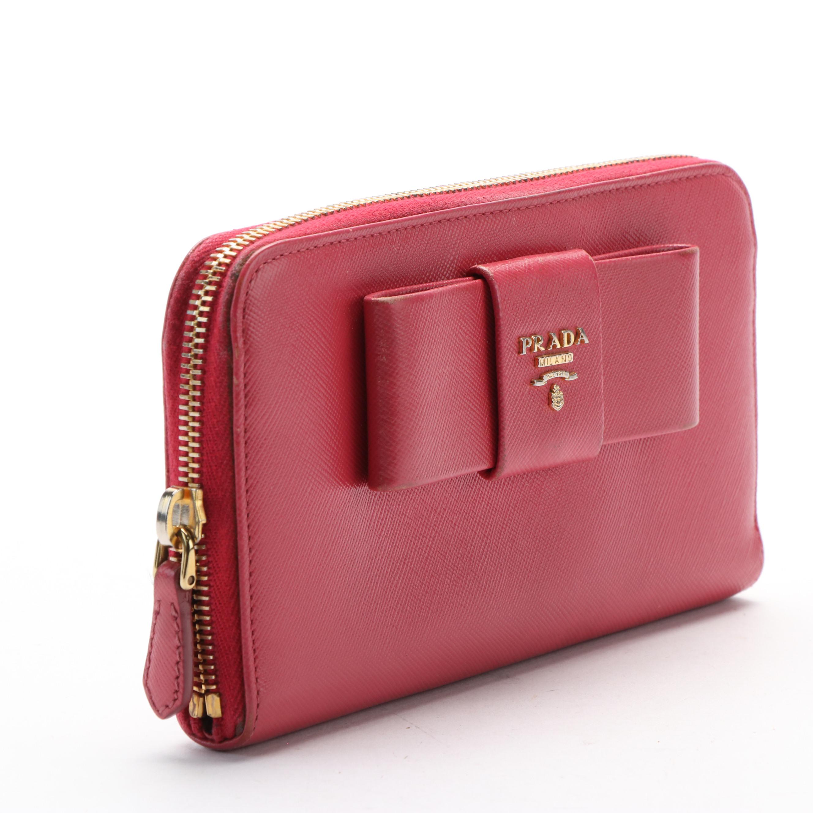 Prada Pink Bow Saffiano Leather Zip-Around Wallet