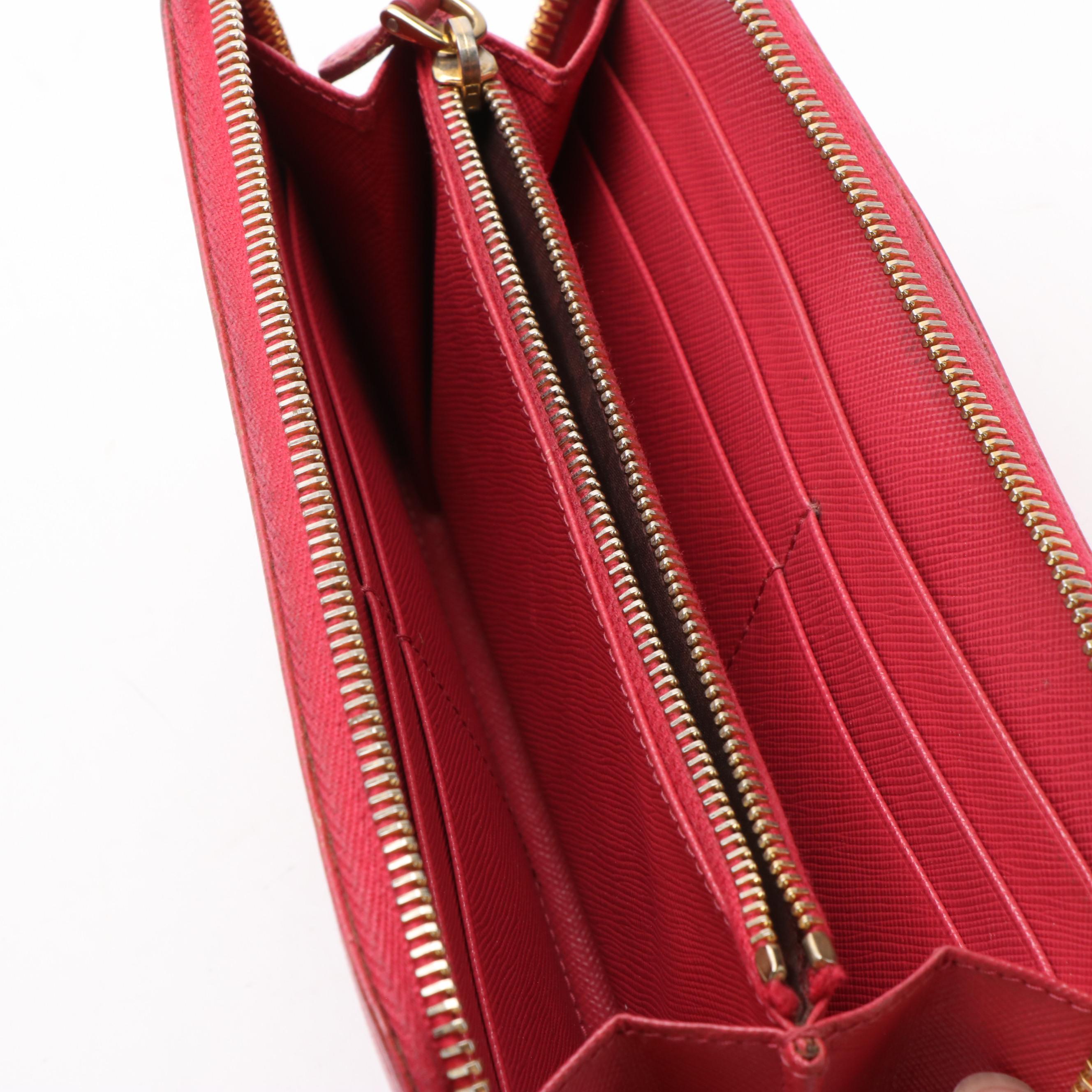 Prada Pink Bow Saffiano Leather Zip-Around Wallet