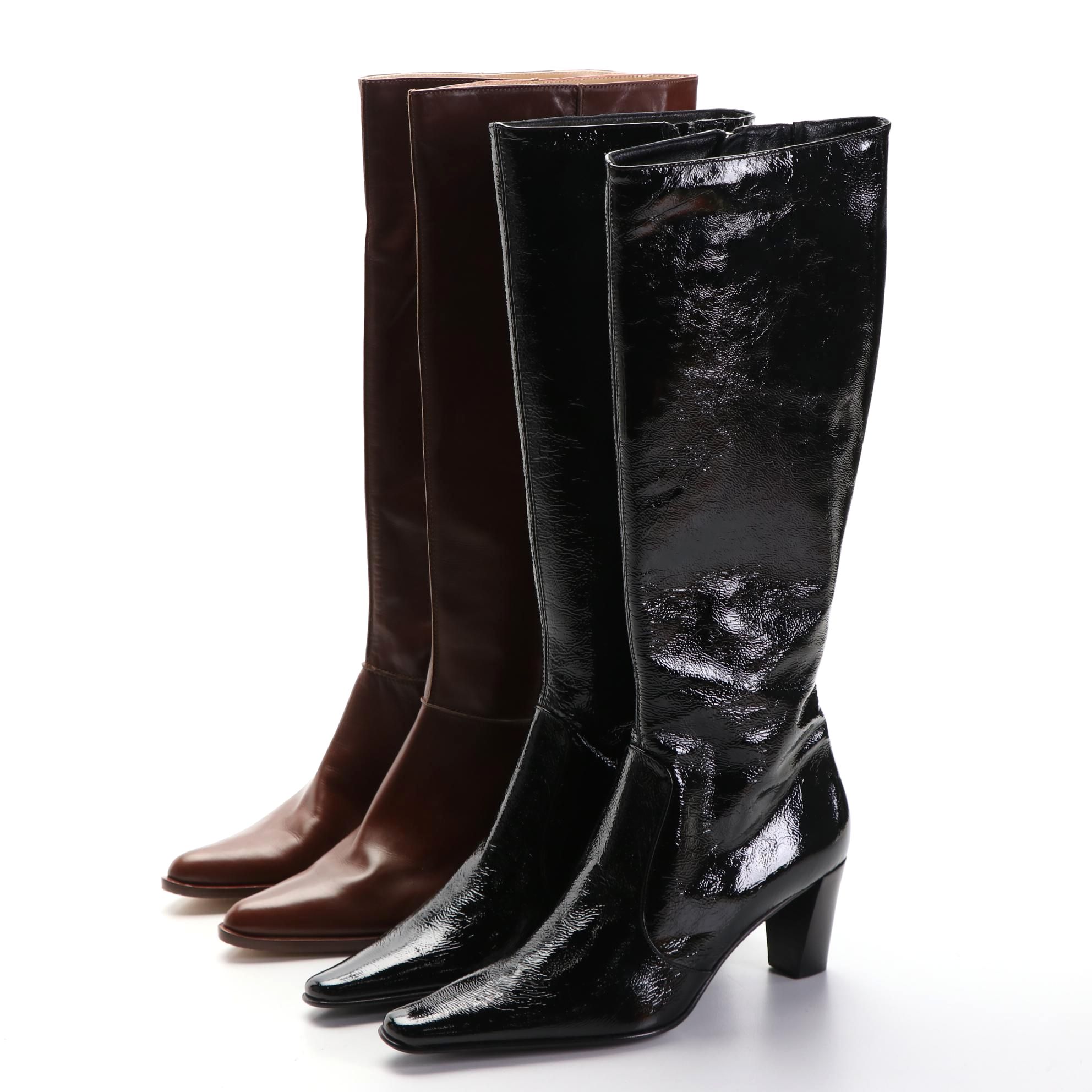Michael Kors Brown Leather and Aquatalia Black Patent Leather Knee-High Boots