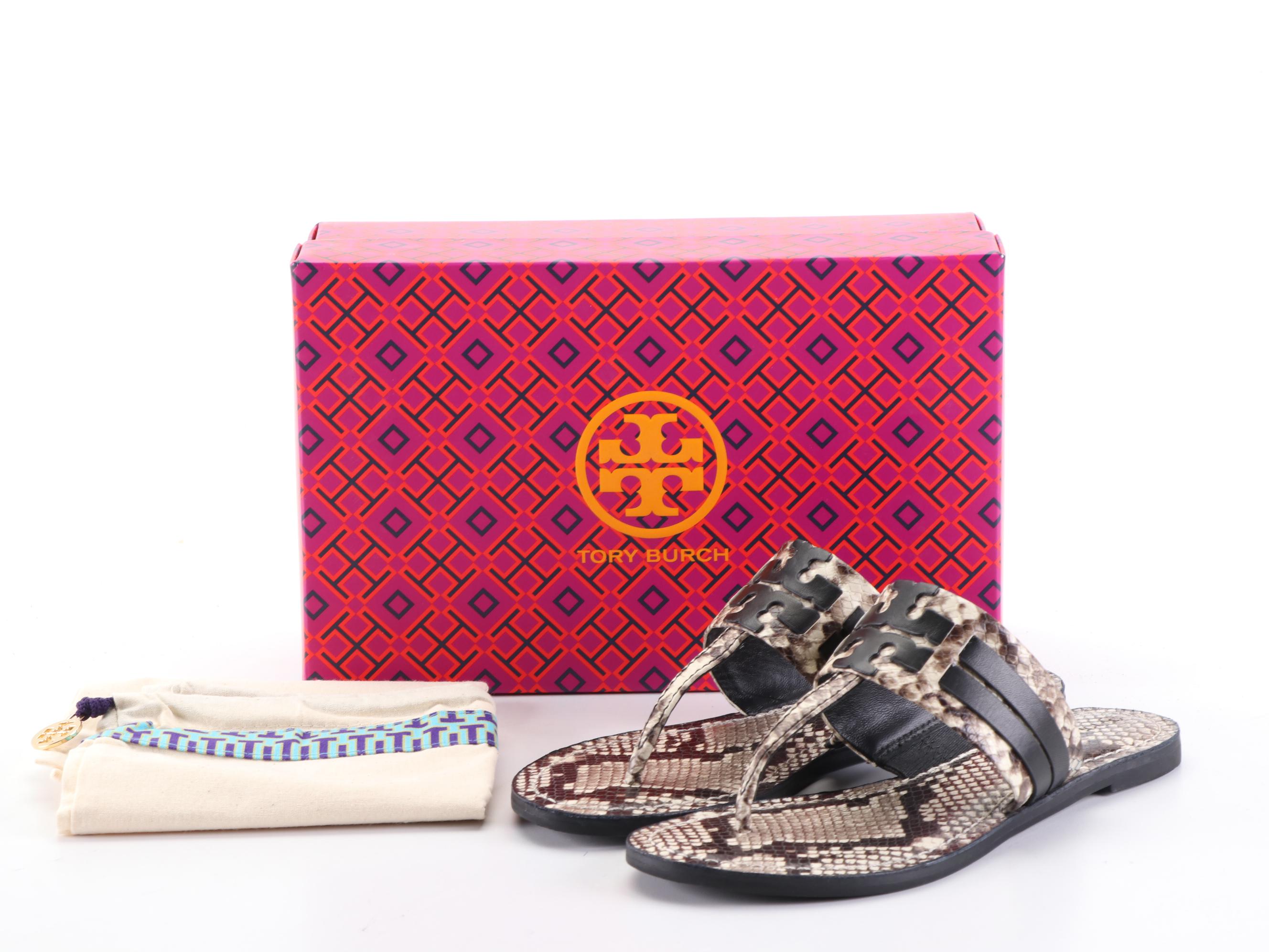 Tory Burch Leigh Thong Sandals in Python Print and Black Leather with Box