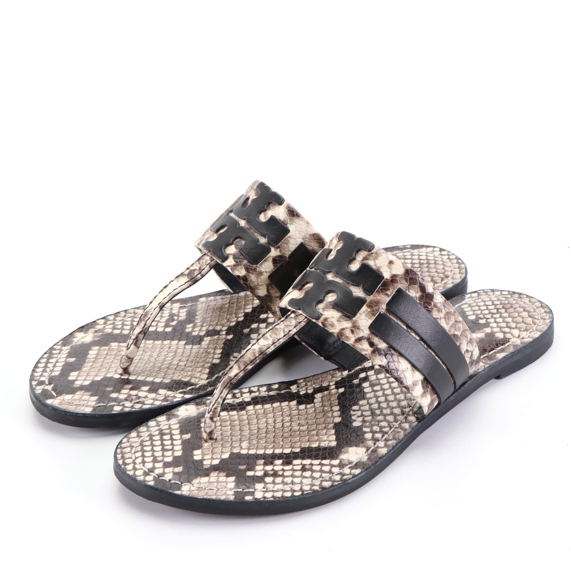 Tory Burch Leigh Thong Sandals in Python Print and Black Leather with Box