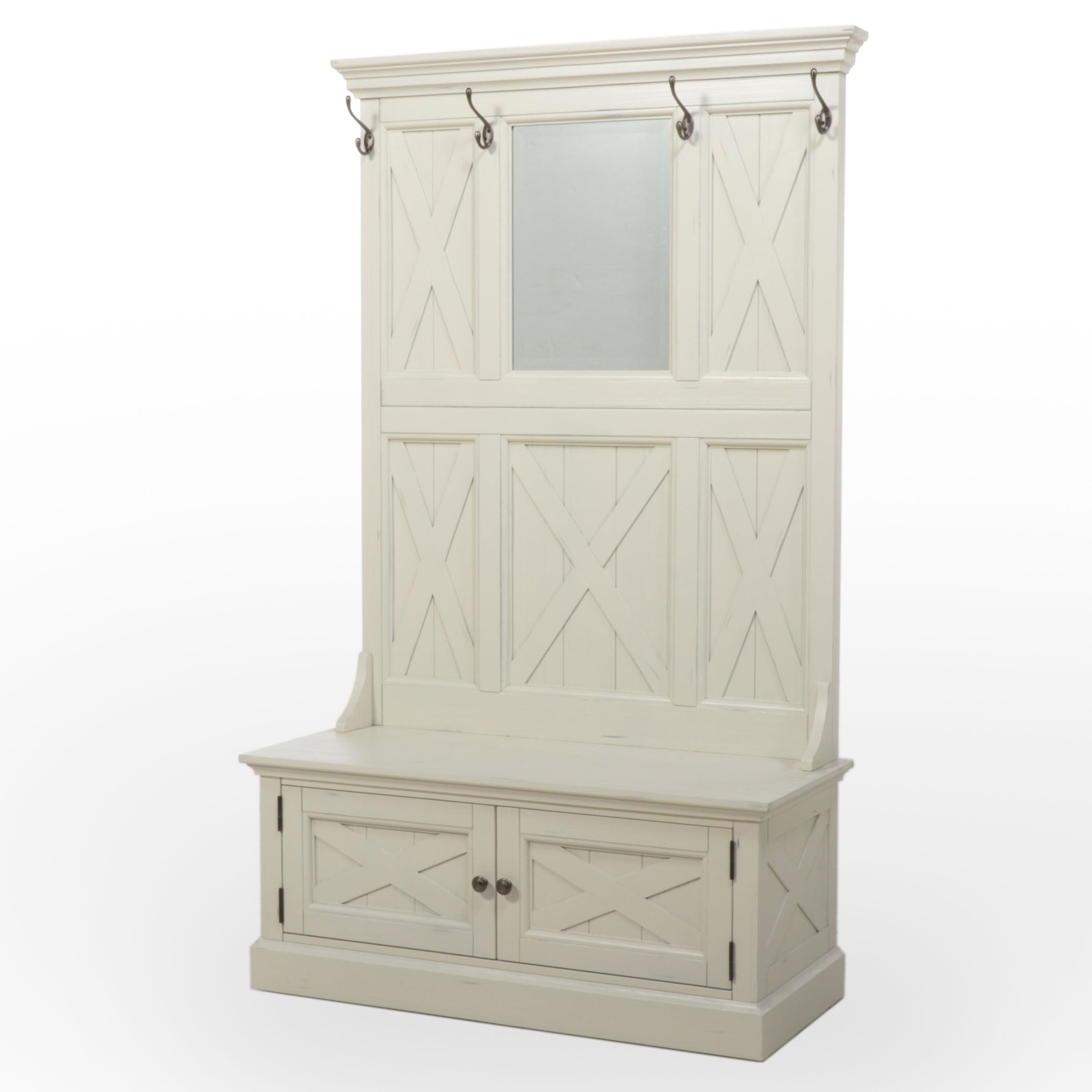 Flexsteel White-Painted Hall Bench with Mirror and Coat Hooks