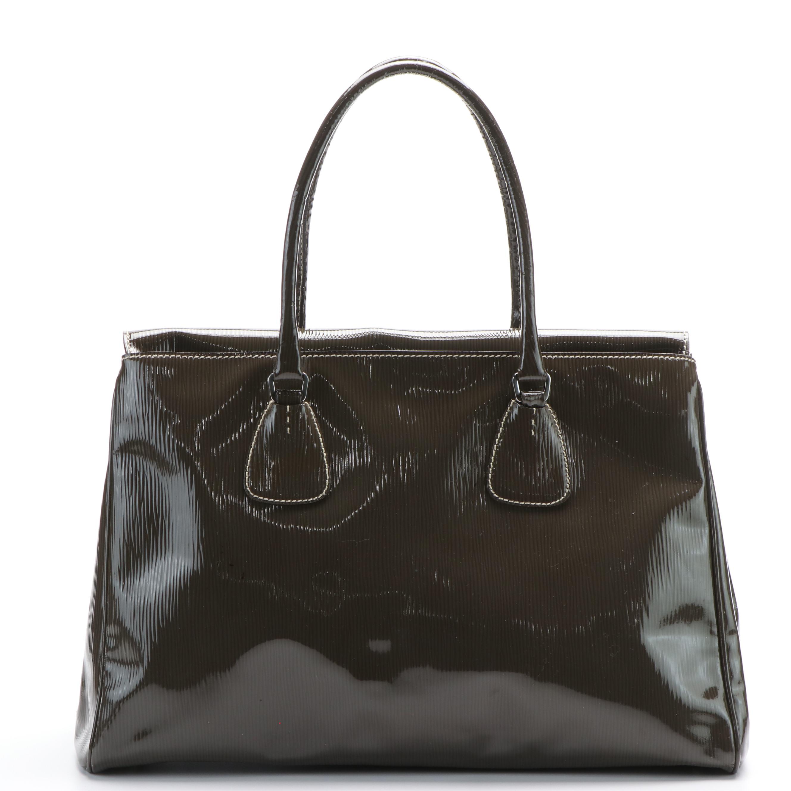 Prada St. Grana Paglia Tote in Olive Patent Leather