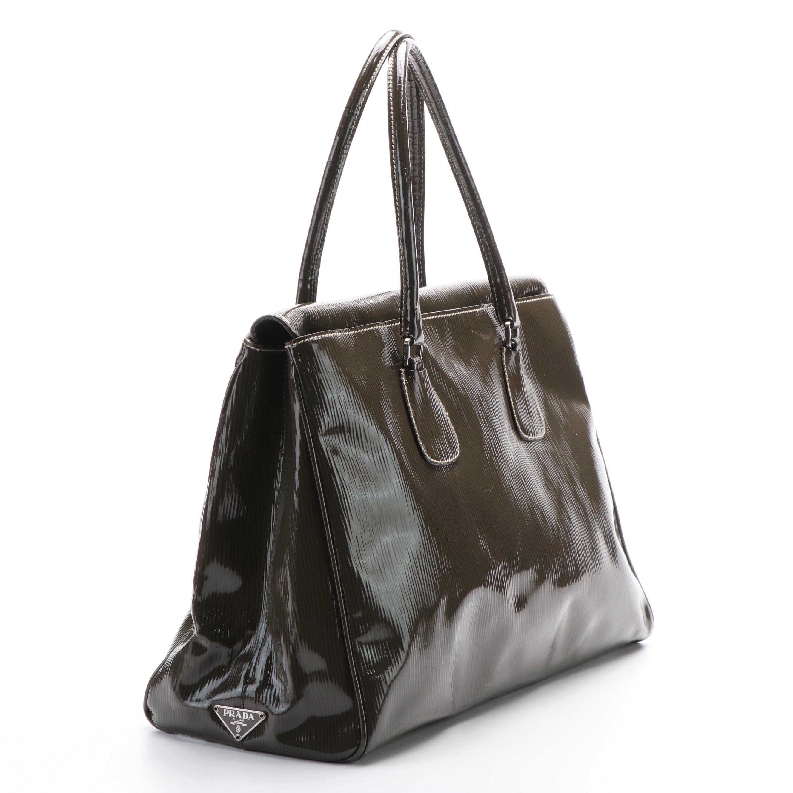 Prada St. Grana Paglia Tote in Olive Patent Leather