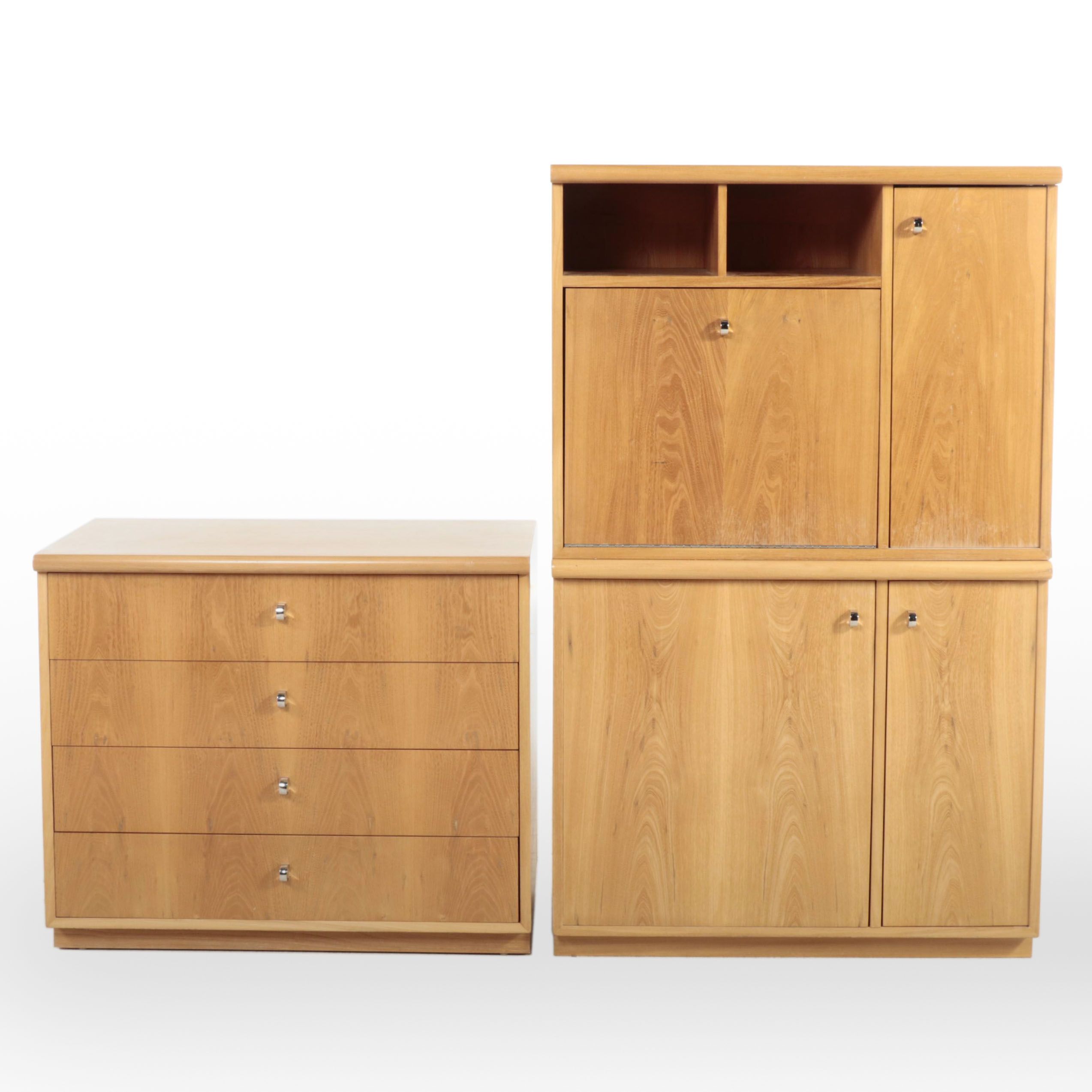 Three-Piece Modernist Ash Modular Desk, Cabinet, and Chest