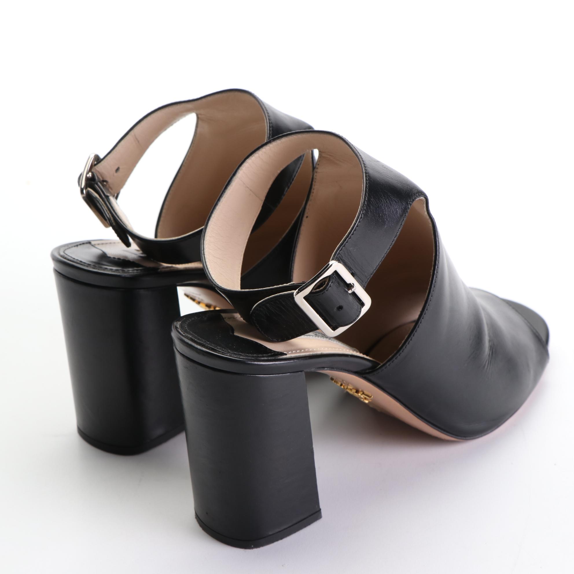 Prada Vitello Lux Leather Ankle Strap Block Heel Open-Toe Booties